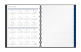 8.5x11 2025 weekly monthly planner features a yearly overview of 2026 and 2027 with contact page for owner of planner and bulleted yearly goals and accomplishments with navy monthly tabs and white text