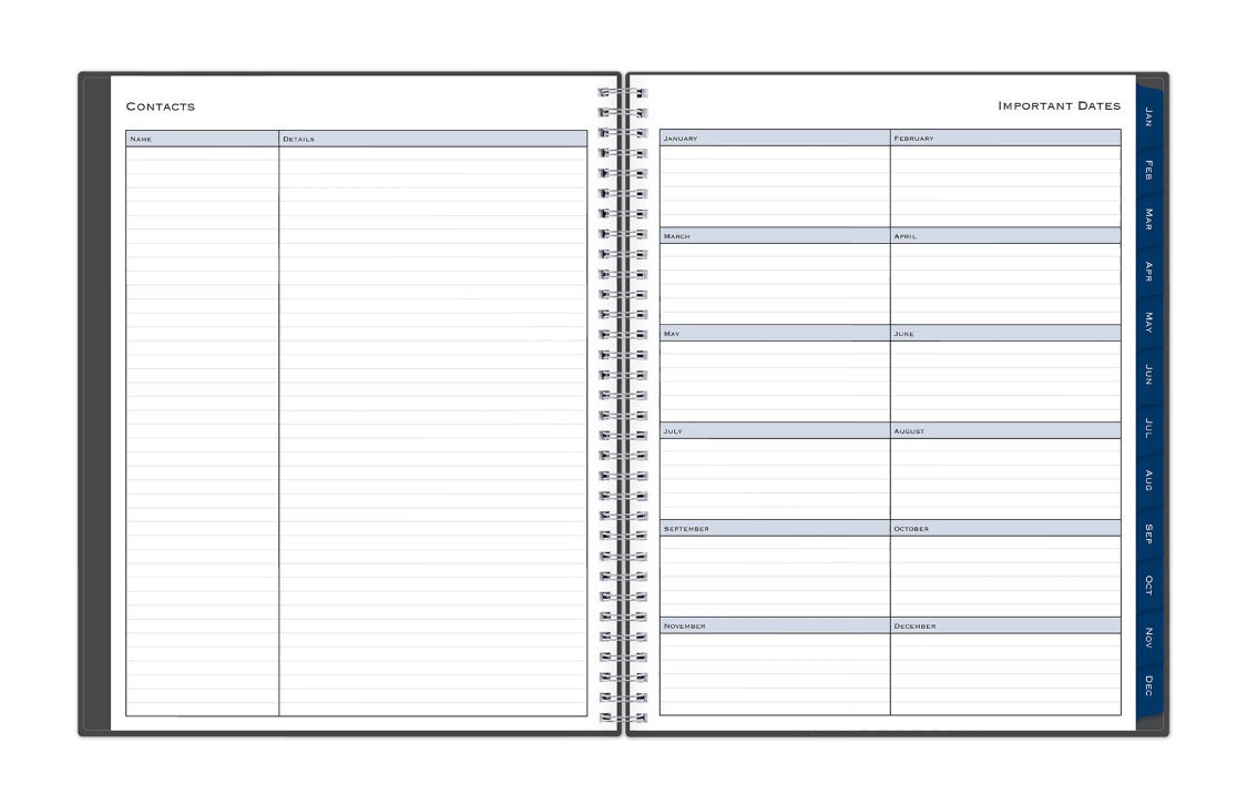 Two open pages of a planner with contact and important dates sections.