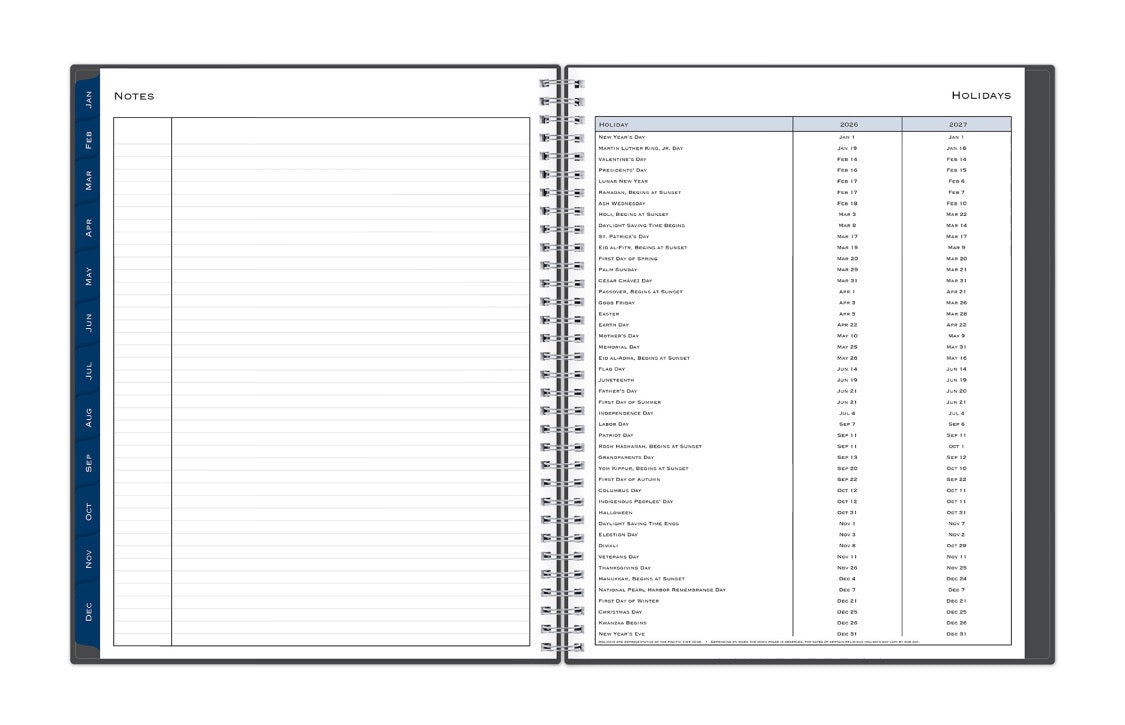 lined notes page on the left and holidays on the right for years 2026 and 2027