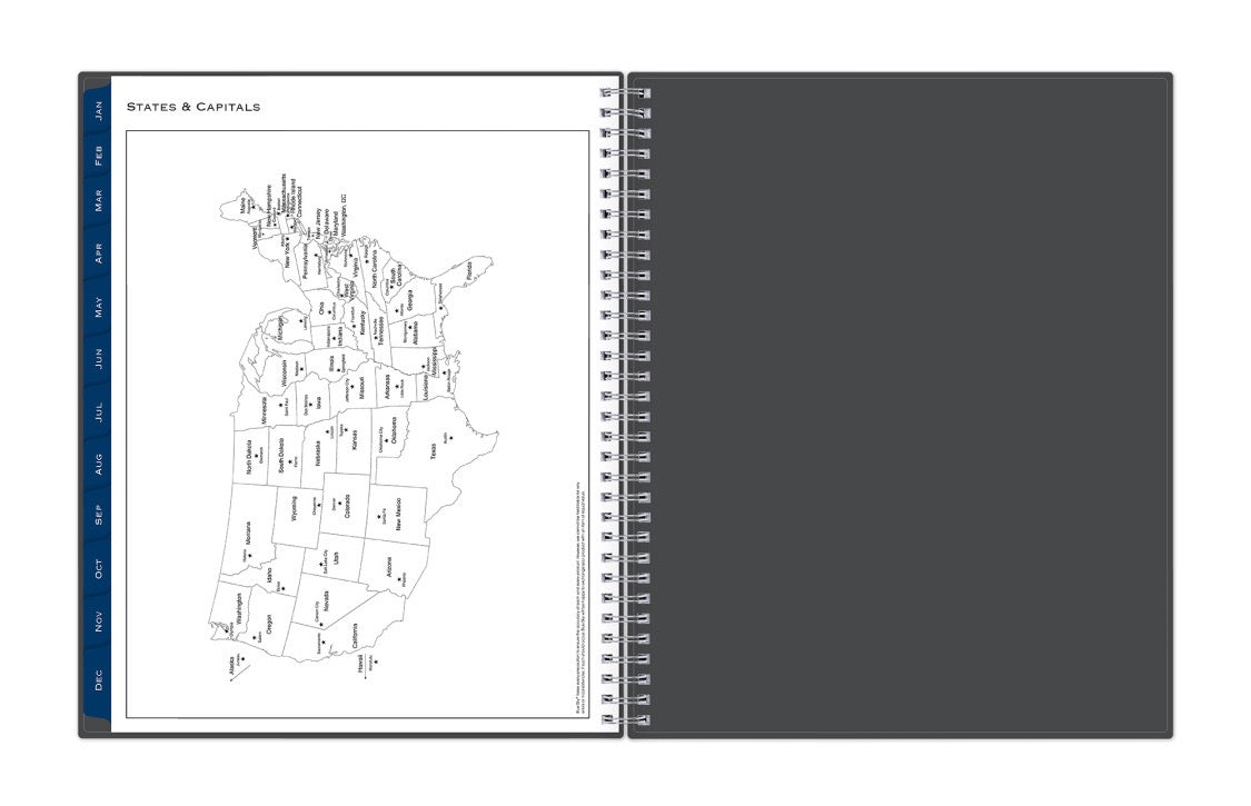 Planner with a map of the United States on one page and a plain page on the other, on a white background.