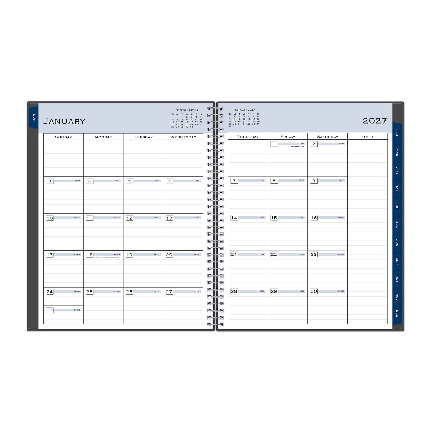 2027 monthly spread featuring ample lined writing space for each date, notes section, reference calendars, and monthly tabs