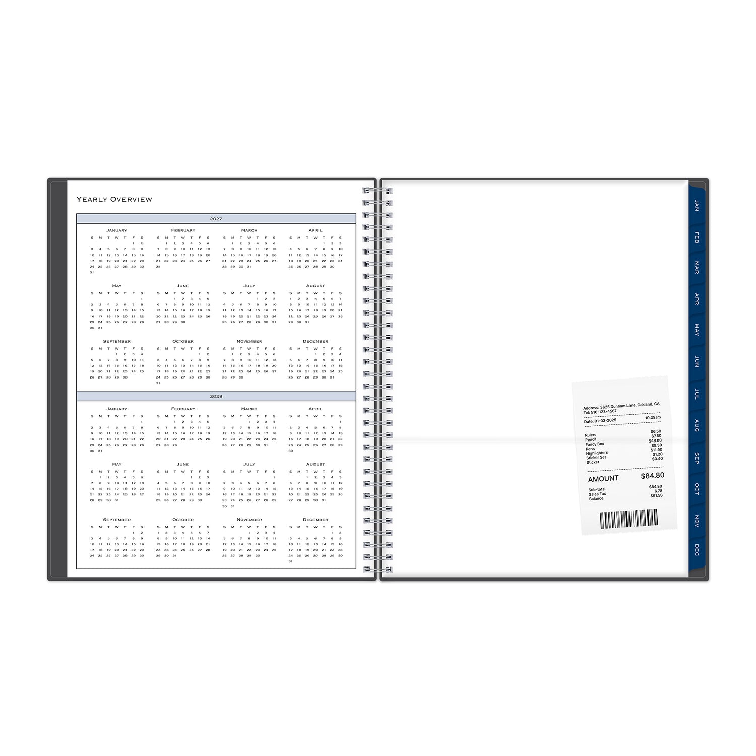 yearly overview featuring 2027 and 2028 with contacts pages and navy blue monthly tabs storage pocket