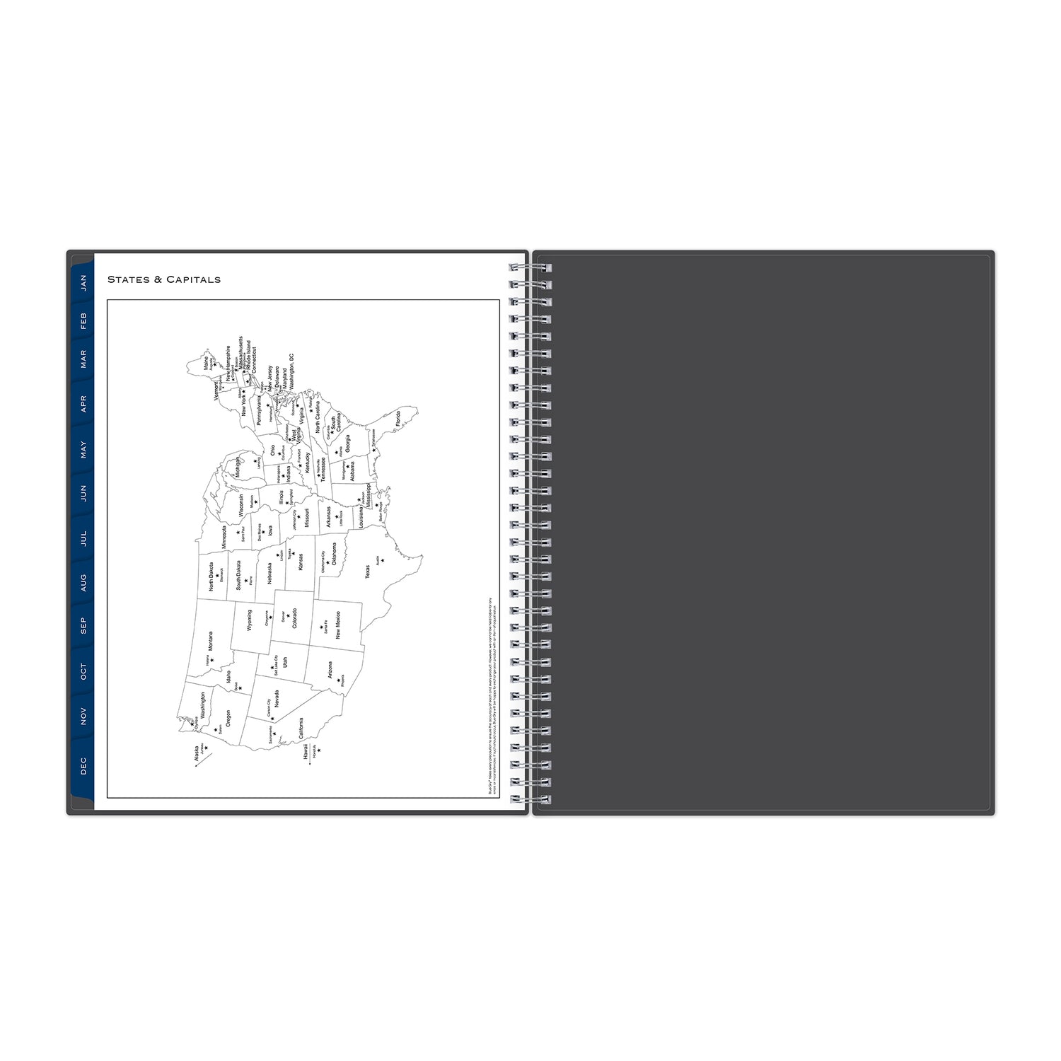 states and capitals listed for this weekly monthly planner with map of USA