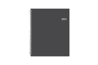 The January 2024 - December 2024 weekly appointment book from Blue Sky features a flexible charcoal front cover and twin silver wire-o binding