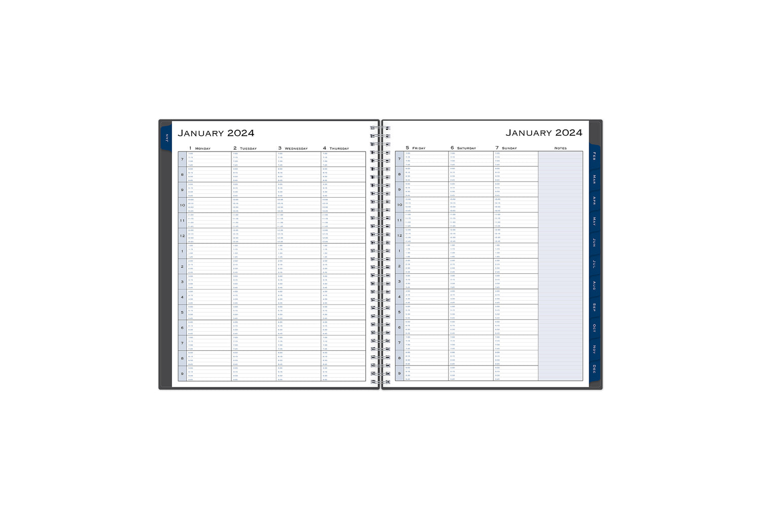 The January 2024 - December 2024 weekly appointment book from Blue Sky features a clean, optimized weekly spread with 15 minute intervals, lined writing space, notes section, and dark blue monthly tabs for easy navigating