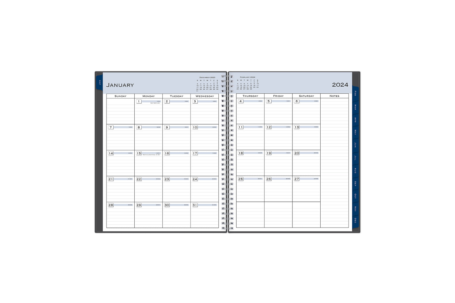 The January 2024 - December 2024 weekly appointment book from Blue Sky features a clean, optimized monthly spread with lined writing space, notes section, and dark blue monthly tabs for easy navigating