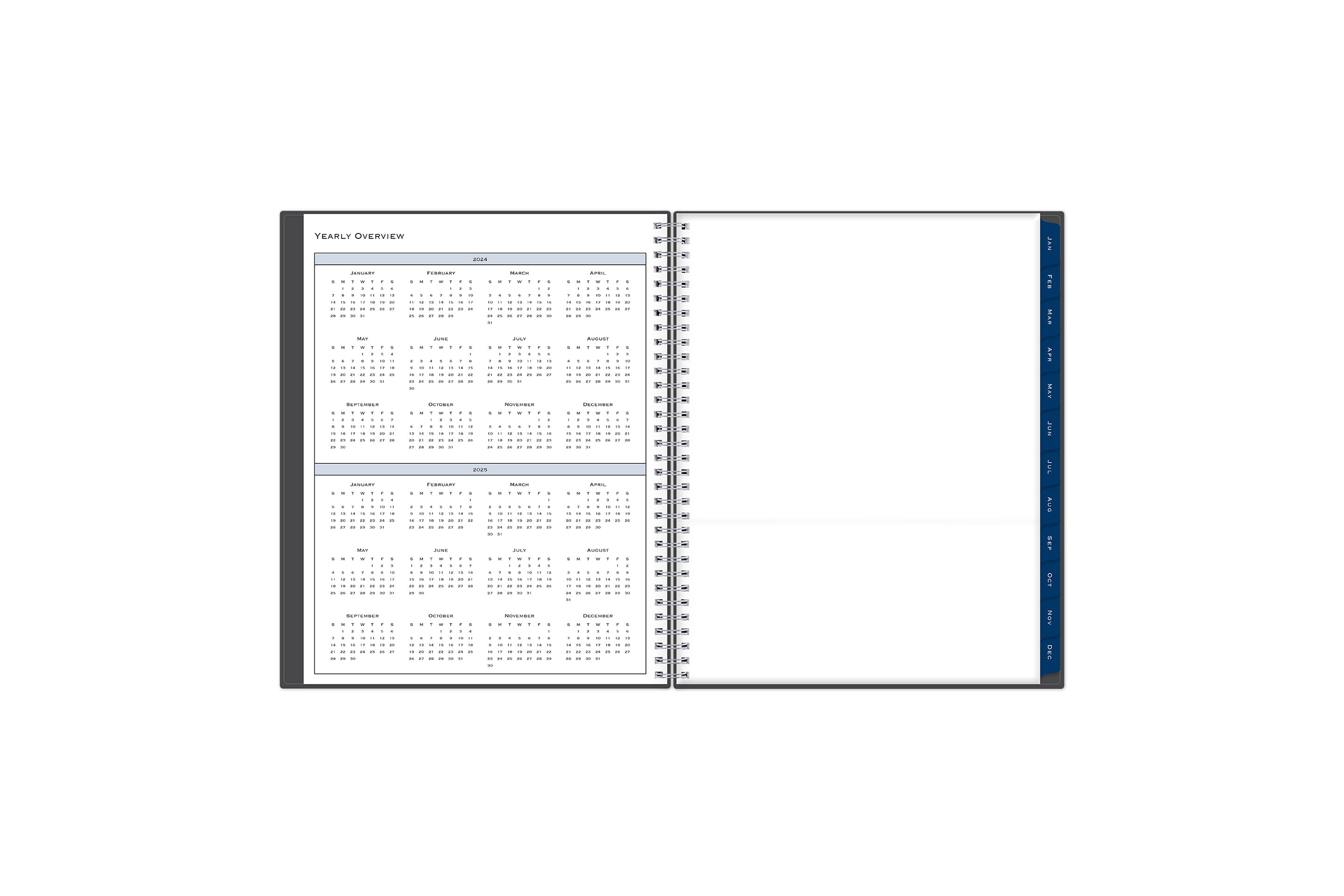 The 2024 weekly monthly appointment book features yearly overview for both 2023, 2023 alongside a year end goals list and ownership page.