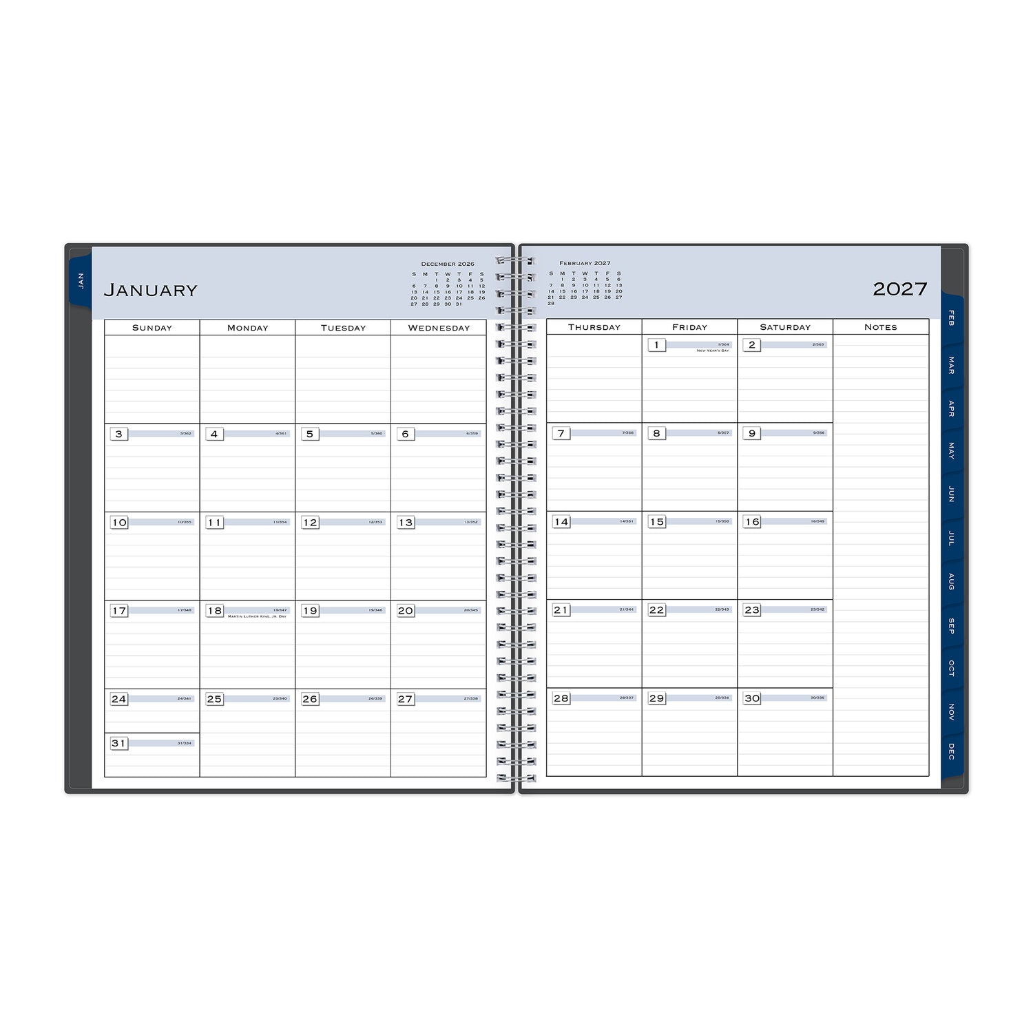 2027 monthly spread featuring ample lined writing space for each date, notes section, reference calendars, and monthly tabs