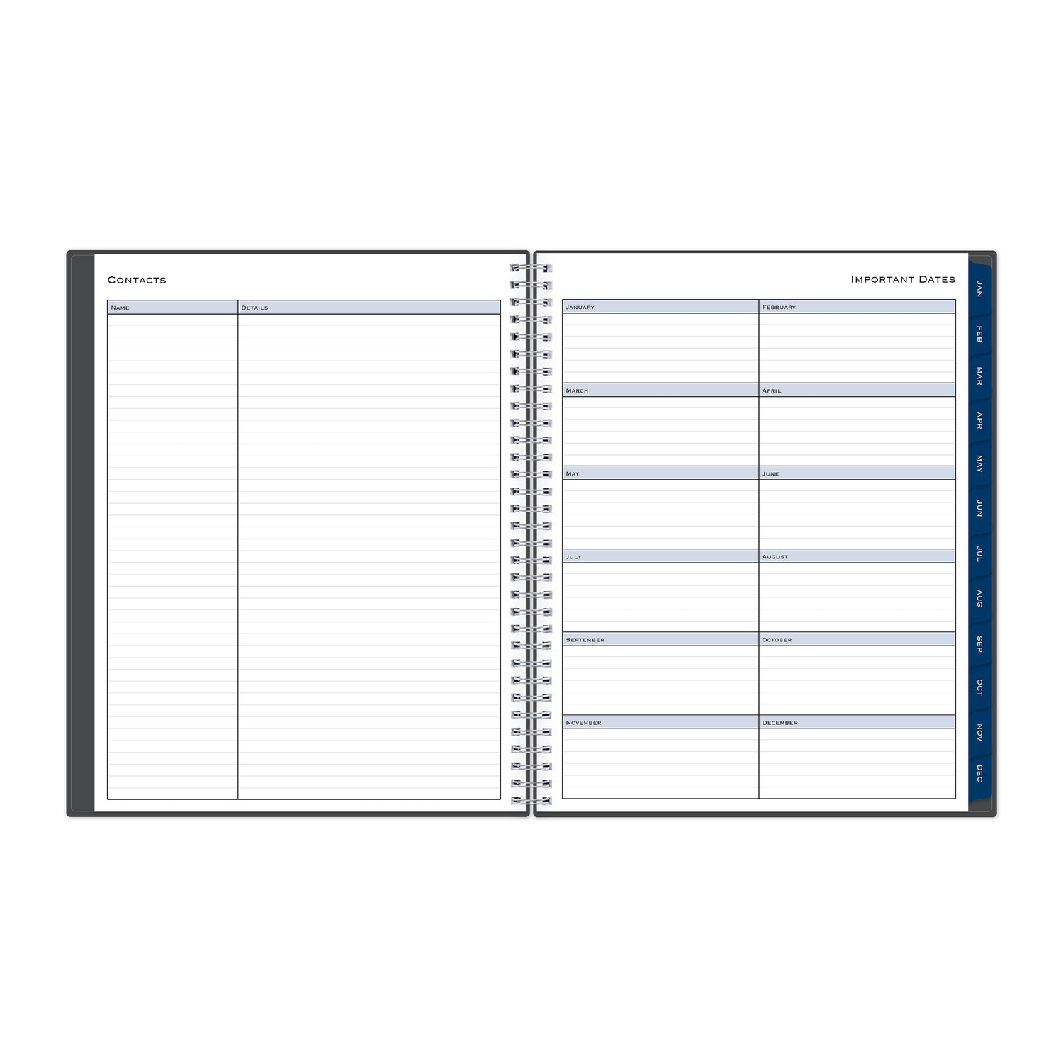 contacts page listing name and information on the left side and important dates on the right side for each month.