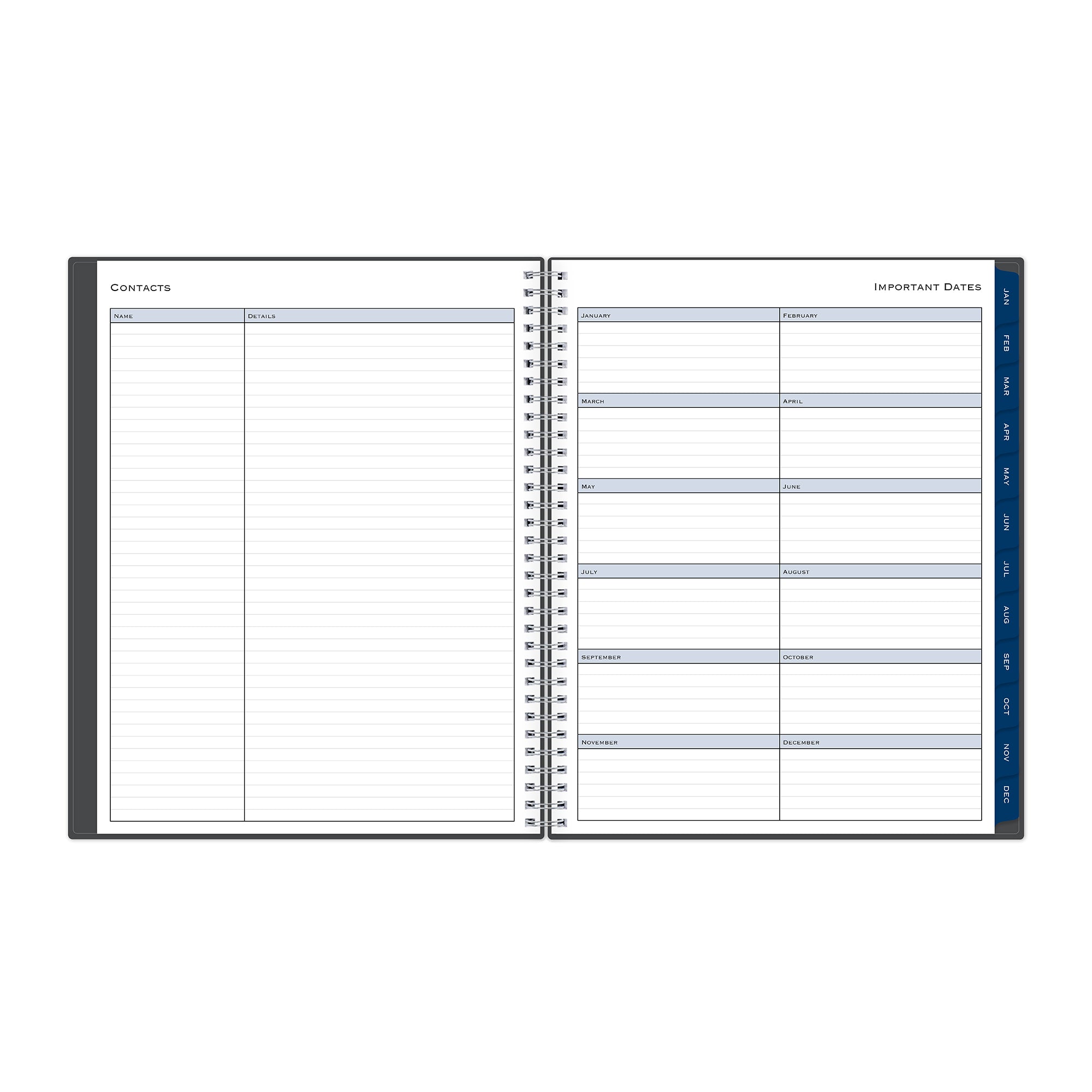 contacts page listing name and information on the left side and important dates on the right side for each month.