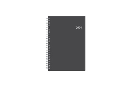 January 2024 - December 2024 weekly monthly planner featuring a charcoal front cover design and silver twin wire-o binding