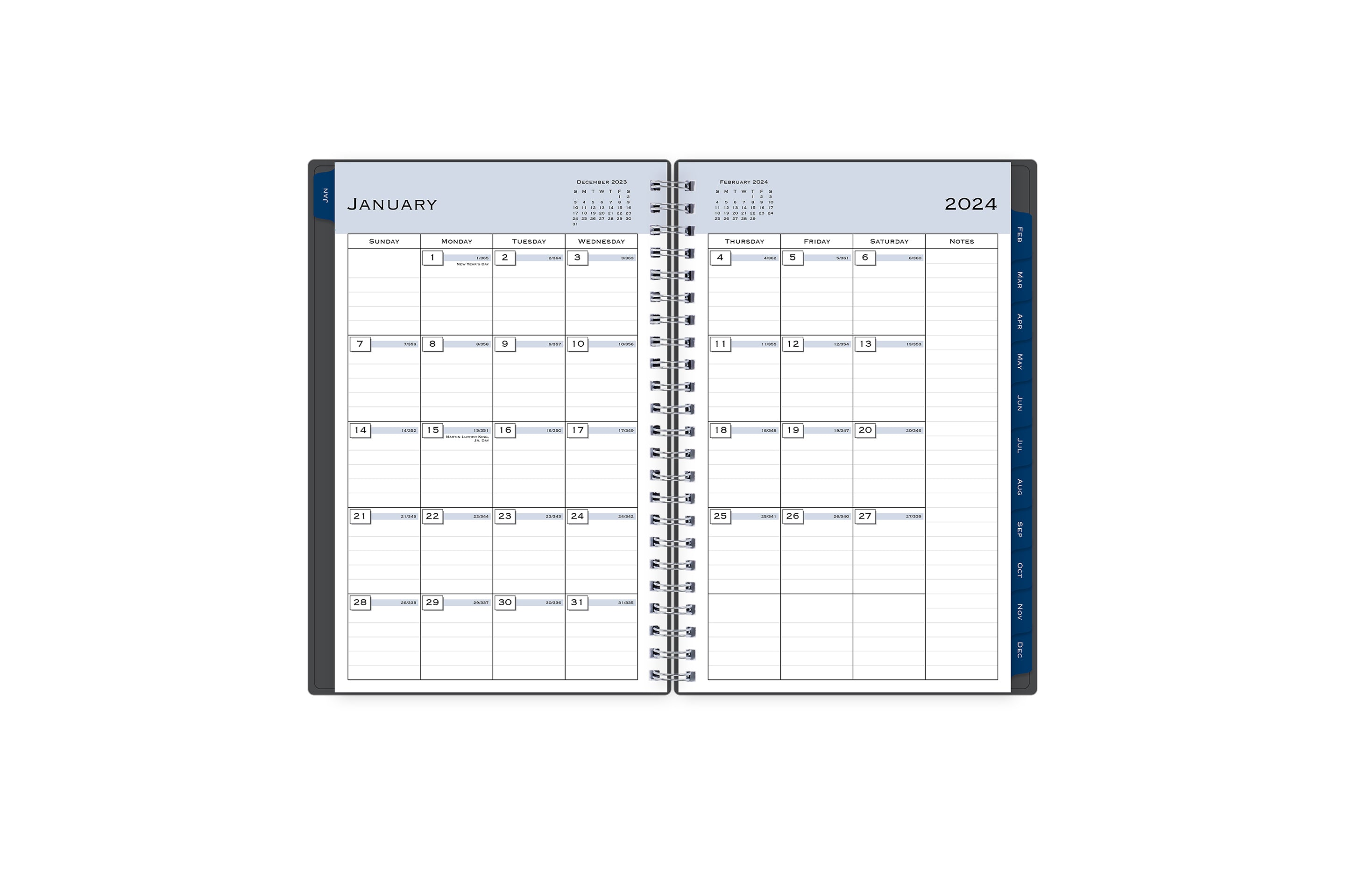 January 2024 - December 2024 weekly monthly planner featuring a monthly spread boxes for each day, lined writing space, notes section, reference calendars, and dark blue monthly tabs with white text in 5x8 size