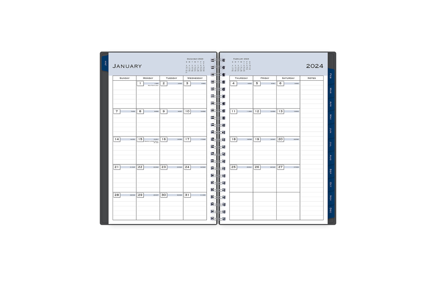 January 2024 - December 2024 weekly monthly planner featuring a monthly spread boxes for each day, lined writing space, notes section, reference calendars, and dark blue monthly tabs with white text in 5x8 size
