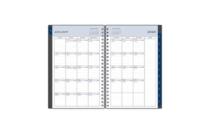 January 2024 - December 2024 weekly monthly planner featuring a monthly spread boxes for each day, lined writing space, notes section, reference calendars, and dark blue monthly tabs with white text in 5x8 size