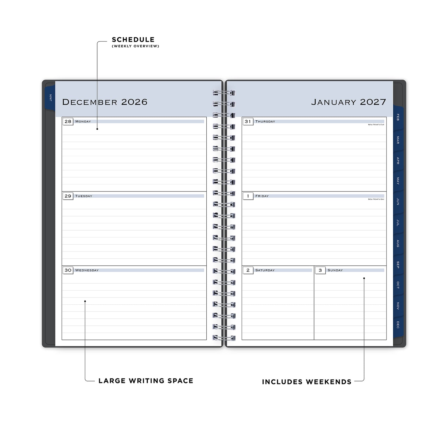 weekly spread featuring lined writing space, and blue monthly tabs
