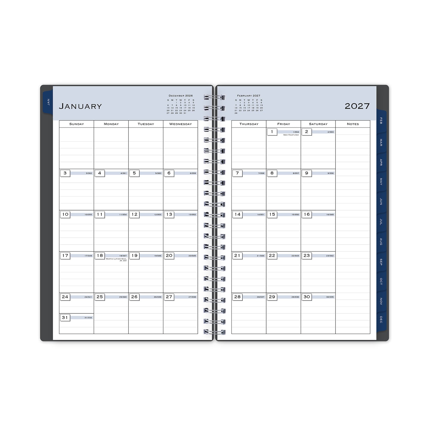 monthly layout featuring lined writing space, notes section, and blue monthly tabs