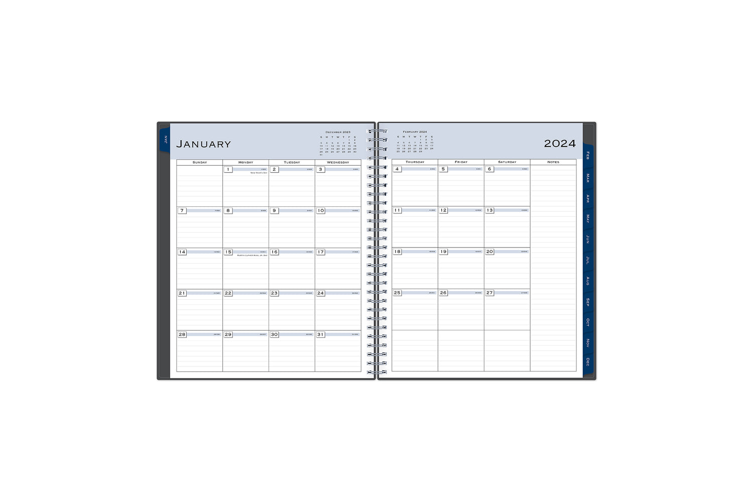 The January 2024 - December 2024 monthly spread features ample lined writing space for each day, lined notes section, reference months, and monthly to easily navigate throughout your planner