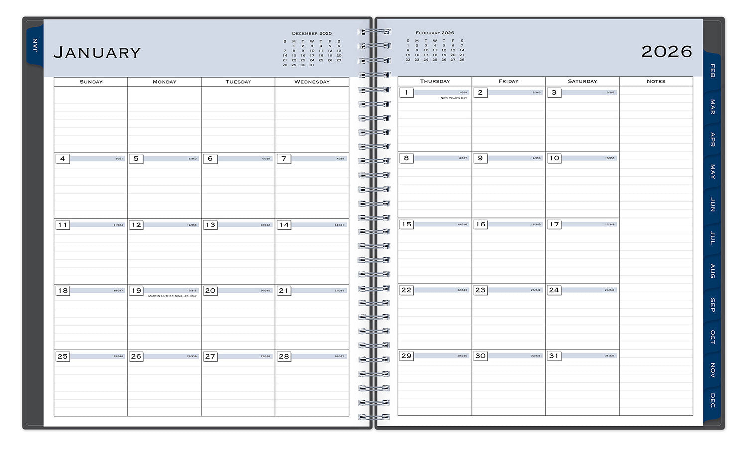The January 2026 - December 2026 monthly spread features ample lined writing space for each day, lined notes section, reference months, and monthly to easily navigate throughout your planner