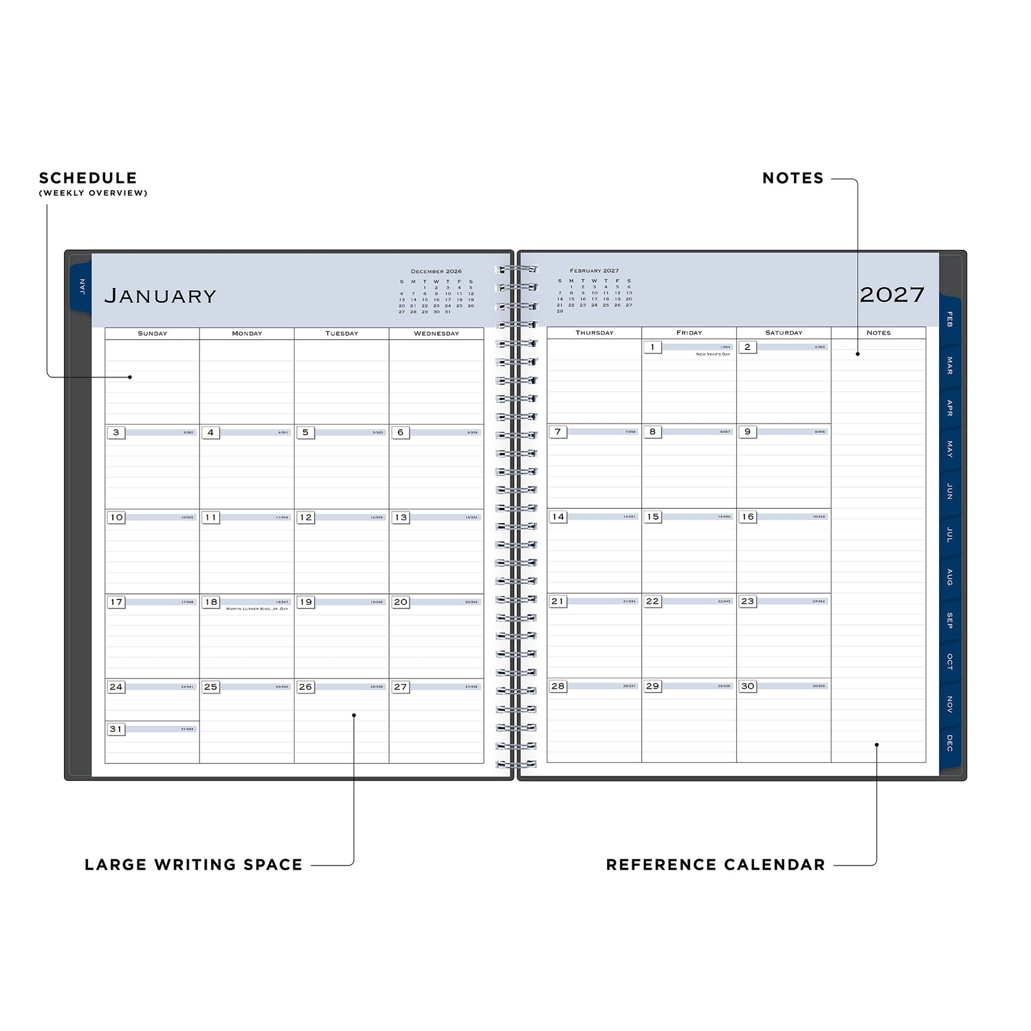 2027 monthly spread featuring ample lined writing space for each date, notes section, reference calendars, and monthly tabs