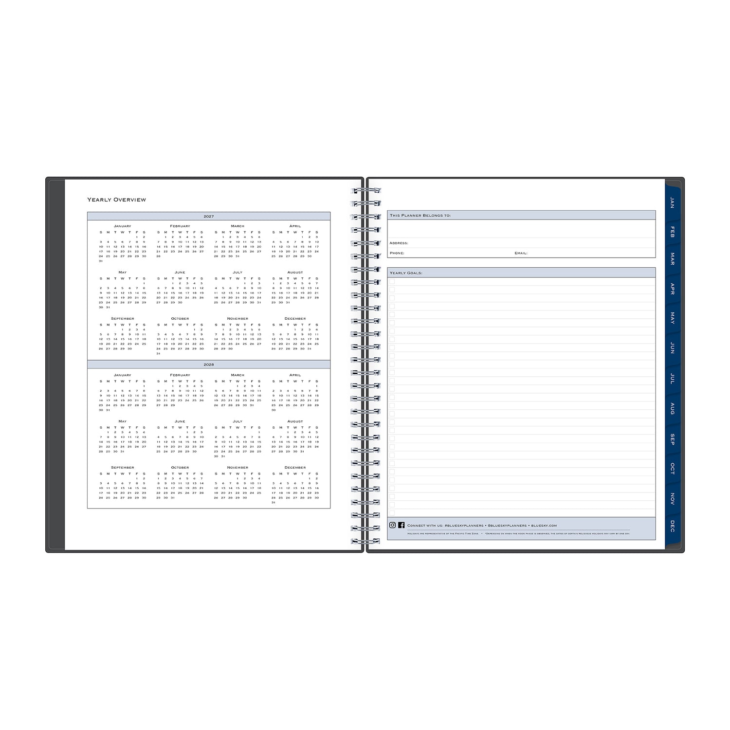yearly overview featuring 2027 and 2028 with contacts pages and navy blue monthly tabs and owners contact page