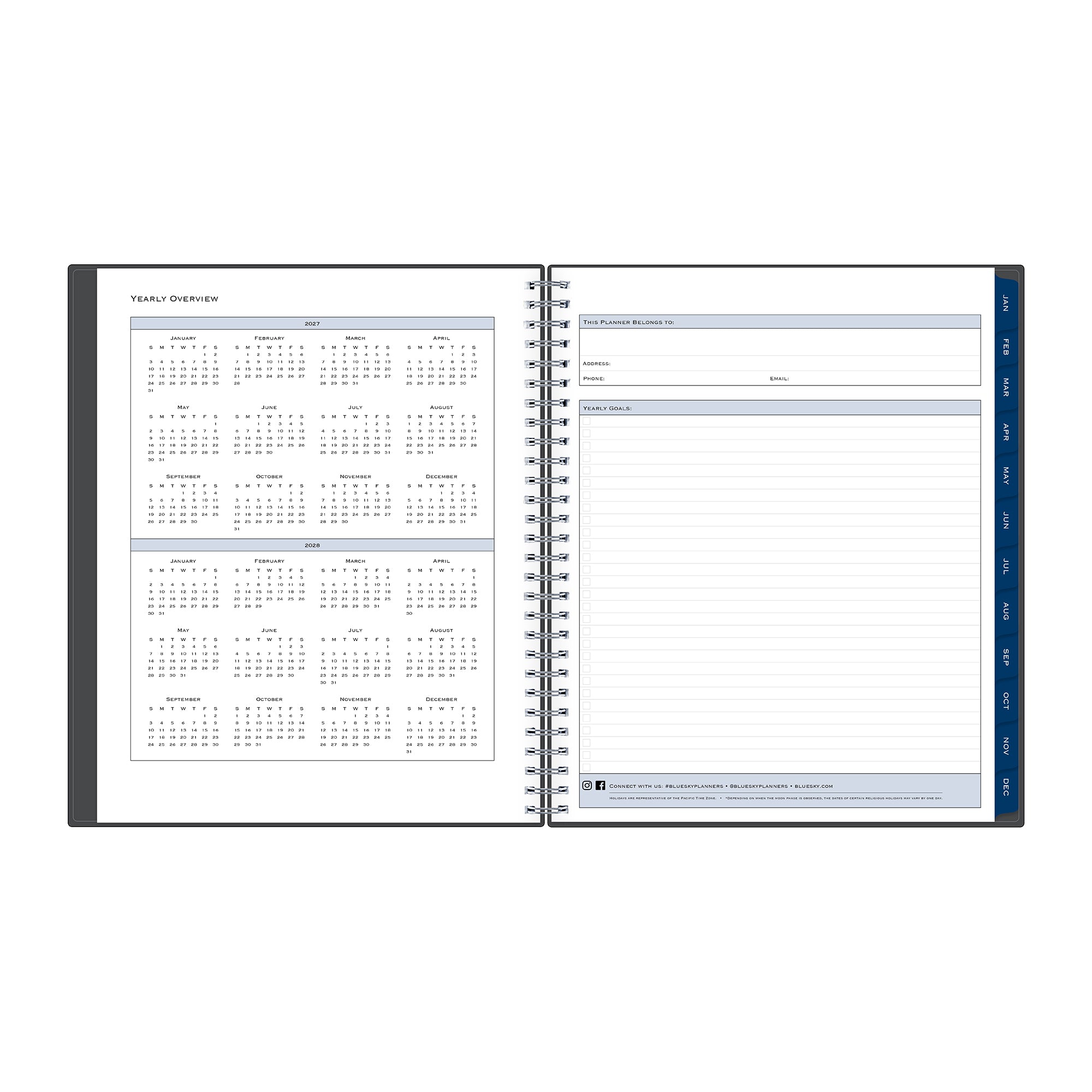 yearly overview featuring 2027 and 2028 with contacts pages and navy blue monthly tabs and owners contact page