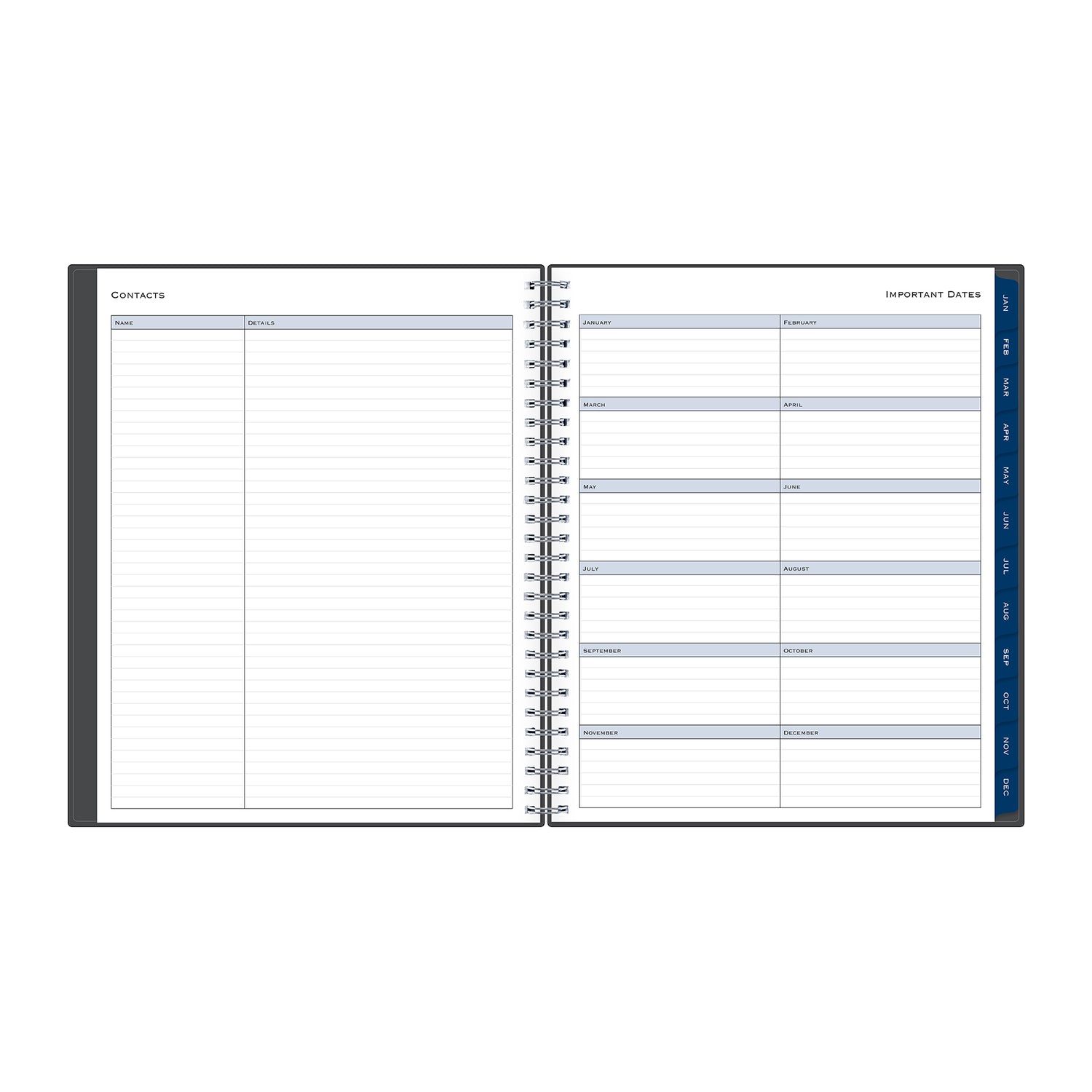 contacts page lined and important dates on the right for this 2027 8x10 monthly planner