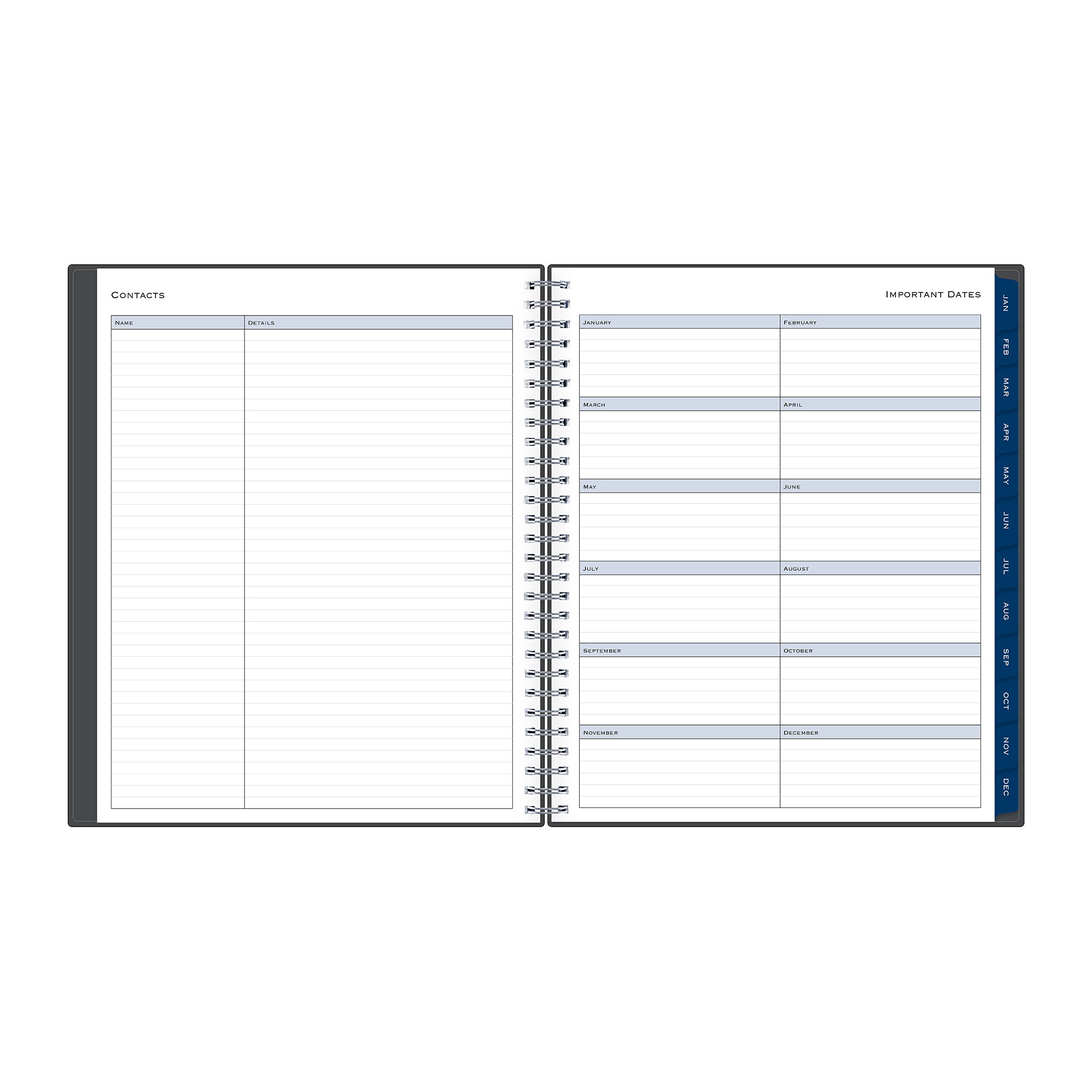 contacts page lined and important dates on the right for this 2027 8x10 monthly planner