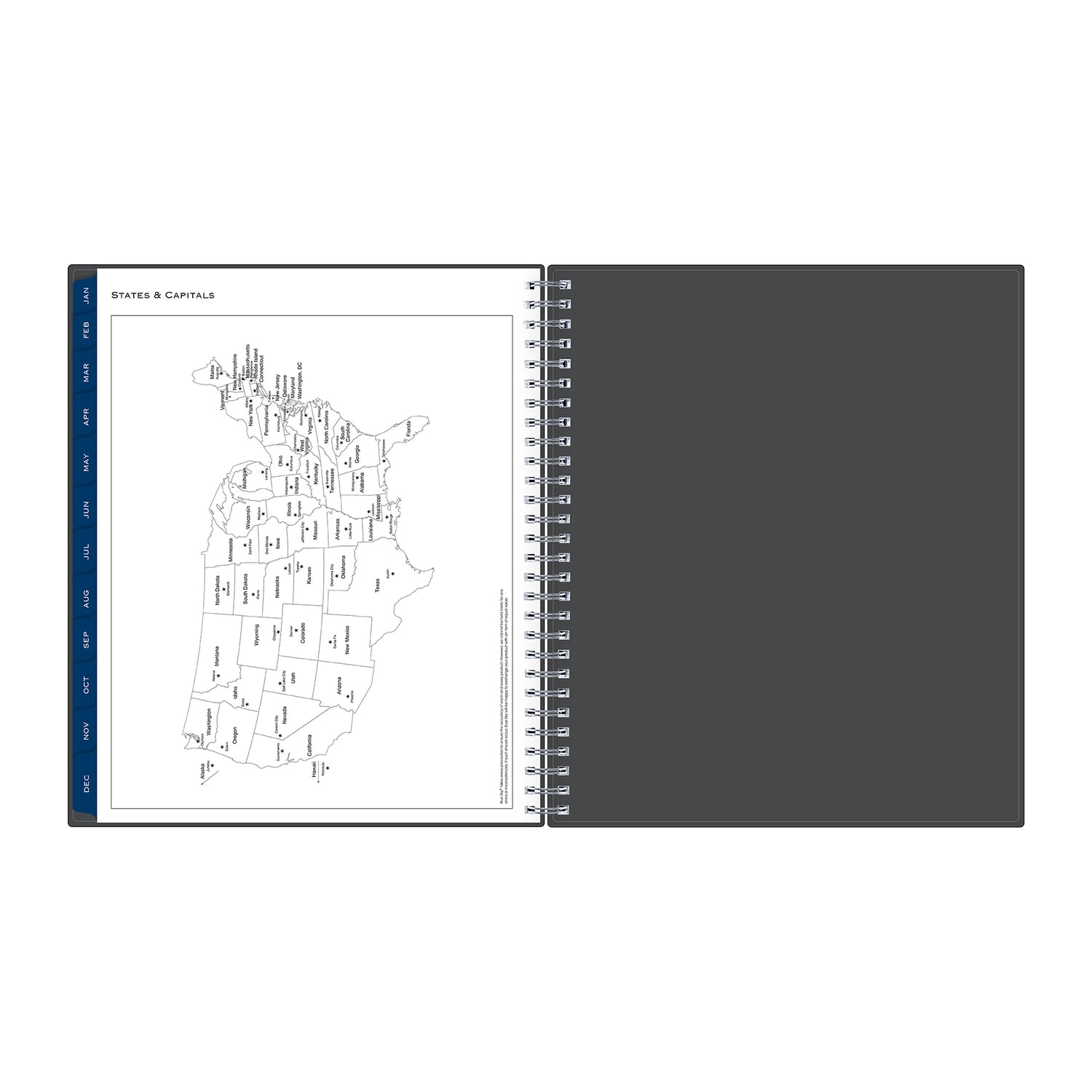 states and capitals listed for this weekly monthly planner with map of USA