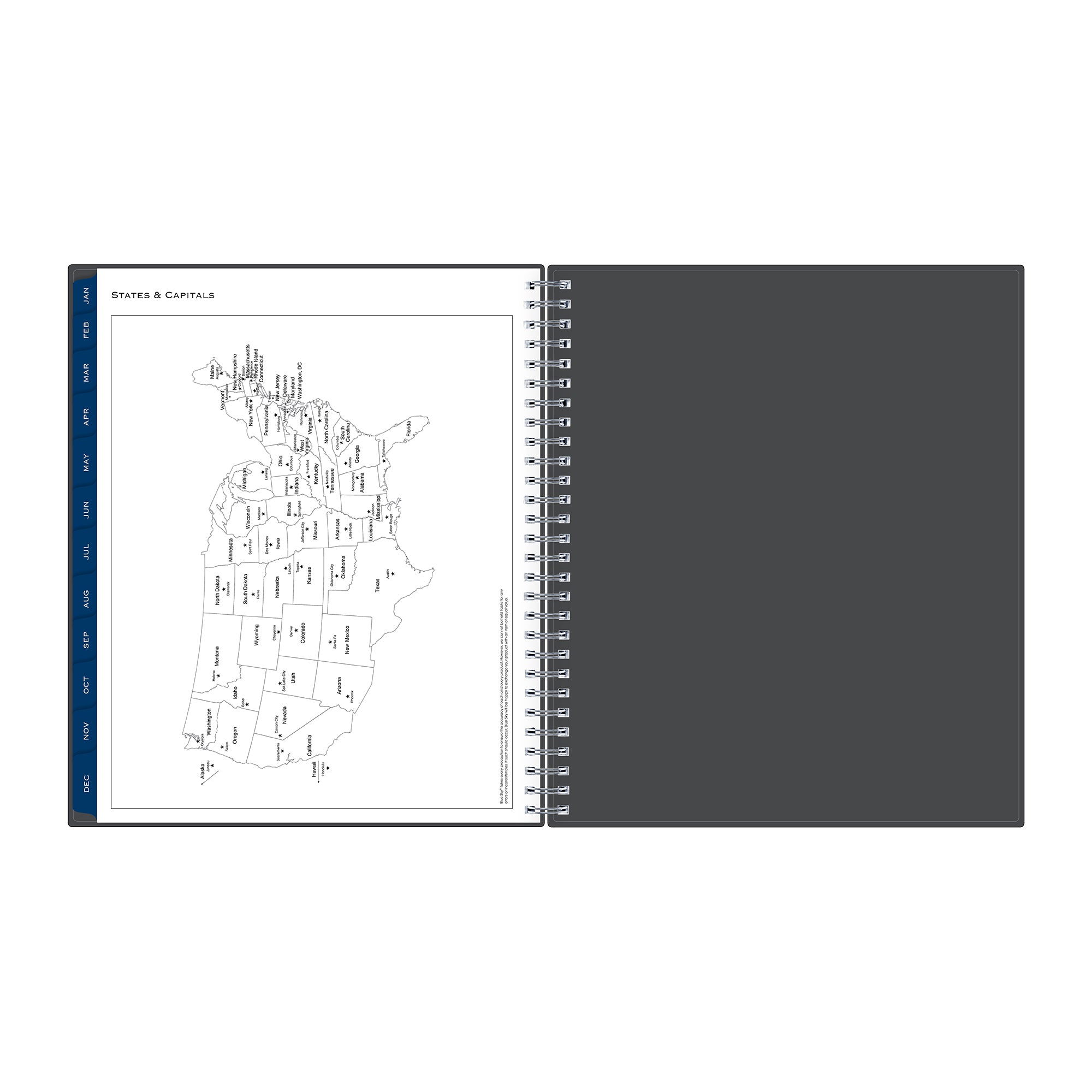 states and capitals listed for this weekly monthly planner with map of USA
