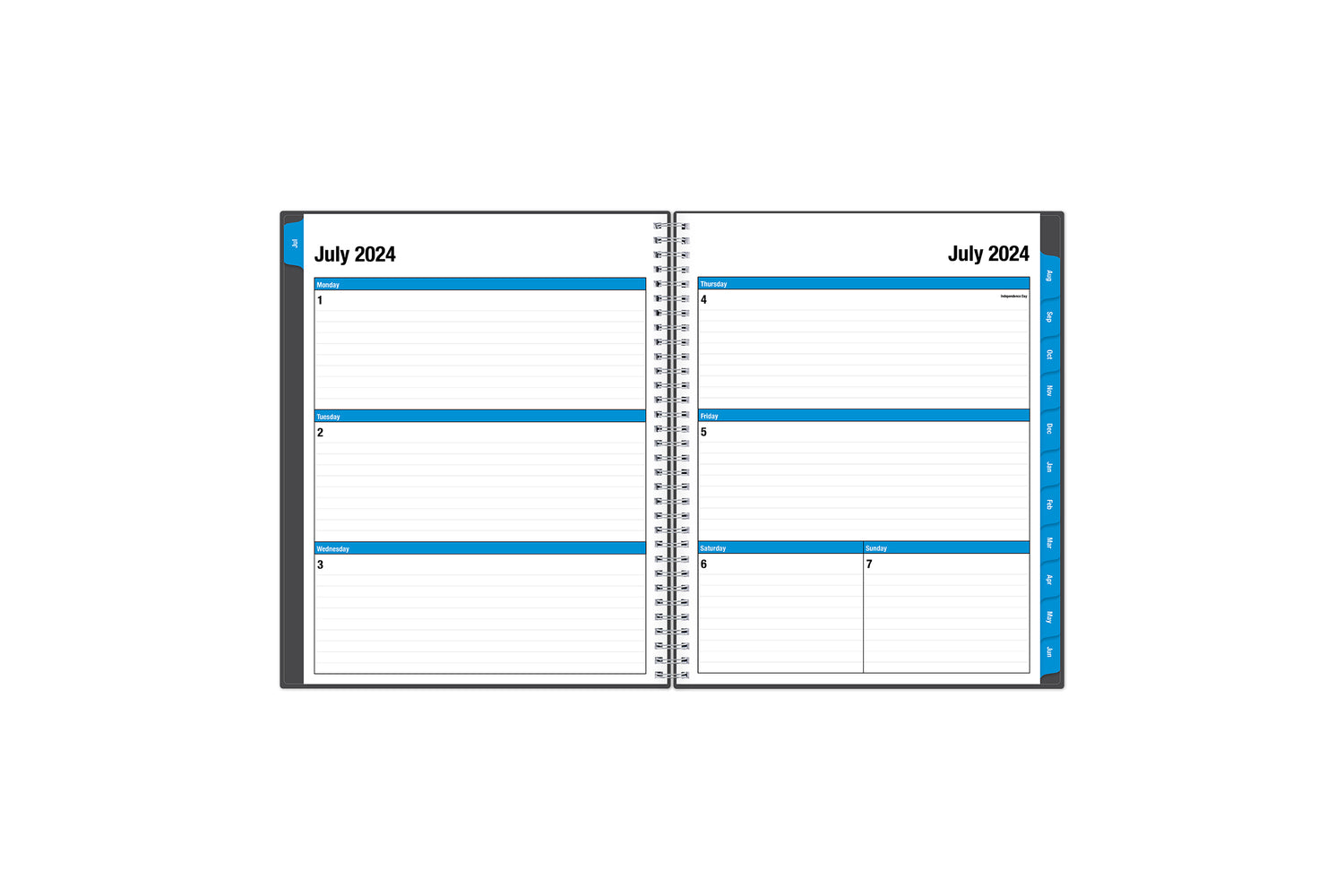 weekly monthly planner featuring a weekly spread with ample lined writing space and blue monthly tabs in a 8.5x11 planner size