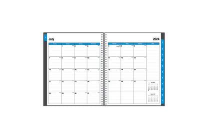 weekly monthly planner featuring a monthly spread with lined writing space, reference calendars, notes section, and blue monthly tabs in 8.5x11 planner size