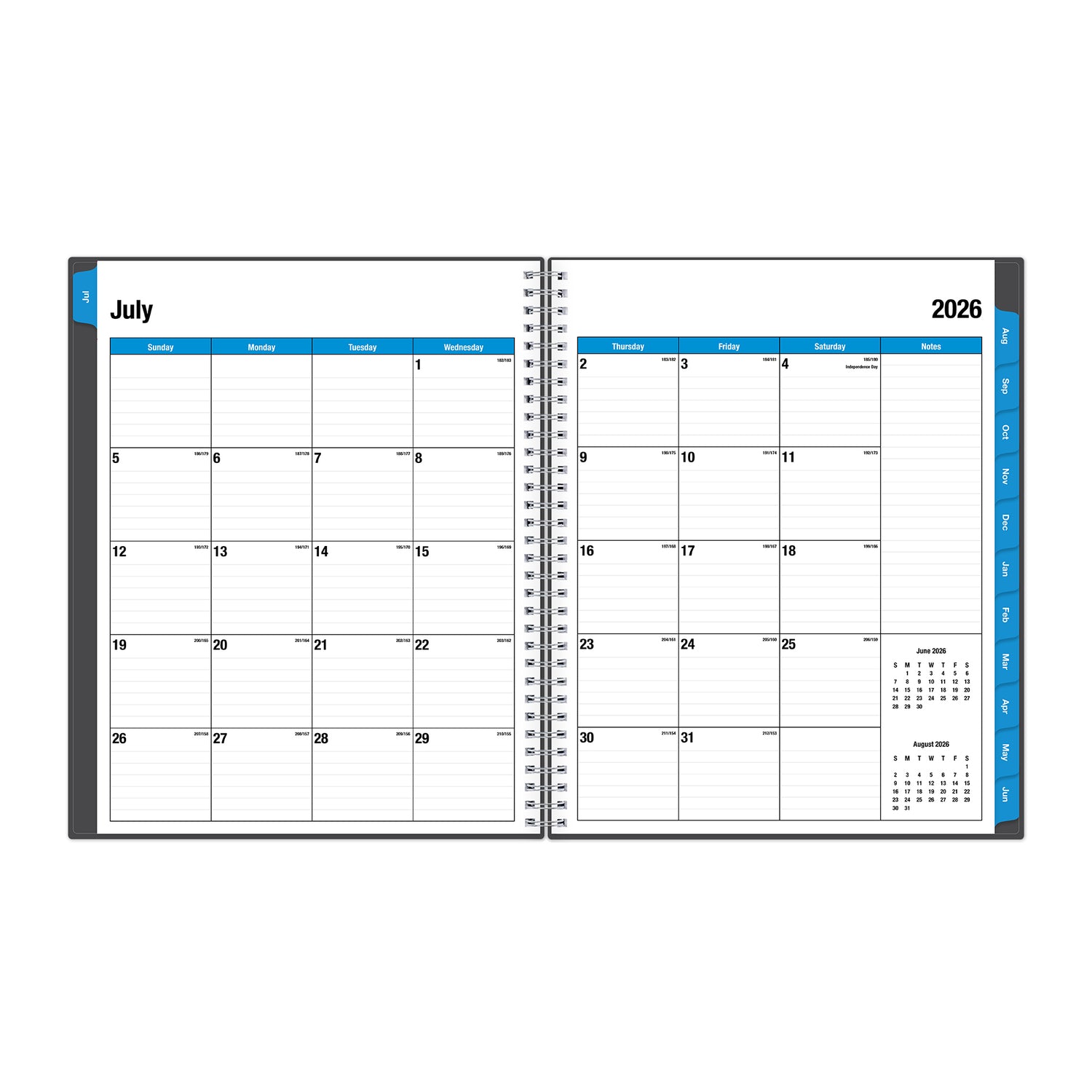 this july 2026 - june 2027 planner features a monthly spread with ample writing space for each day, monthly reference calendar, sections for note taking, bullet points, and check lists.
