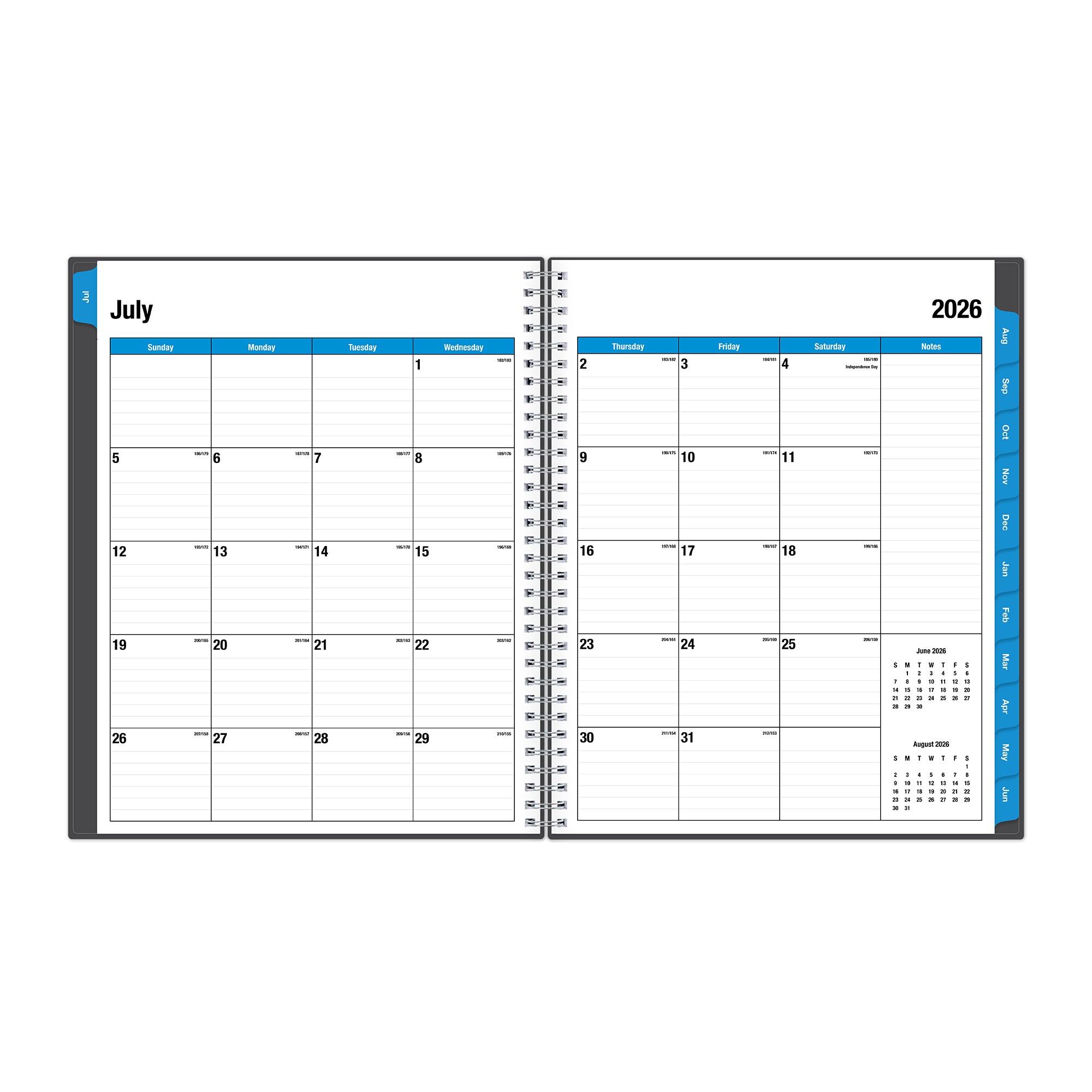 this july 2026 - june 2027 planner features a monthly spread with ample writing space for each day, monthly reference calendar, sections for note taking, bullet points, and check lists.

