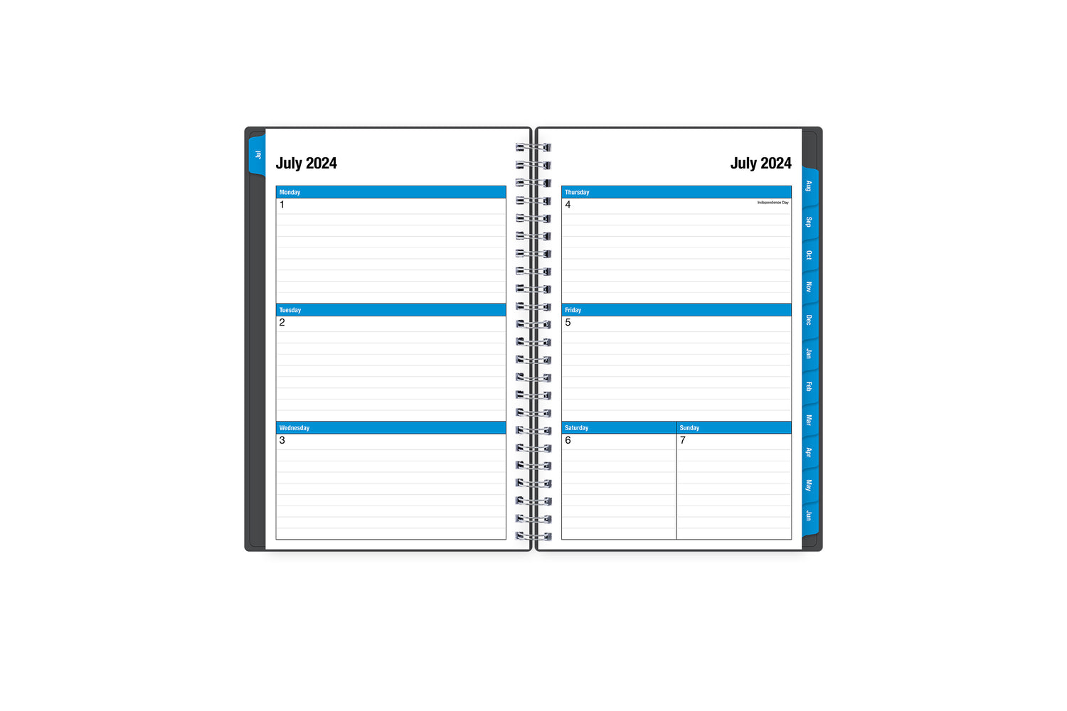 monthly academic professional planner featuring a weekly spread with lined writing space, reference calendars, notes section and silver twin wire-o binding in 8.5x11