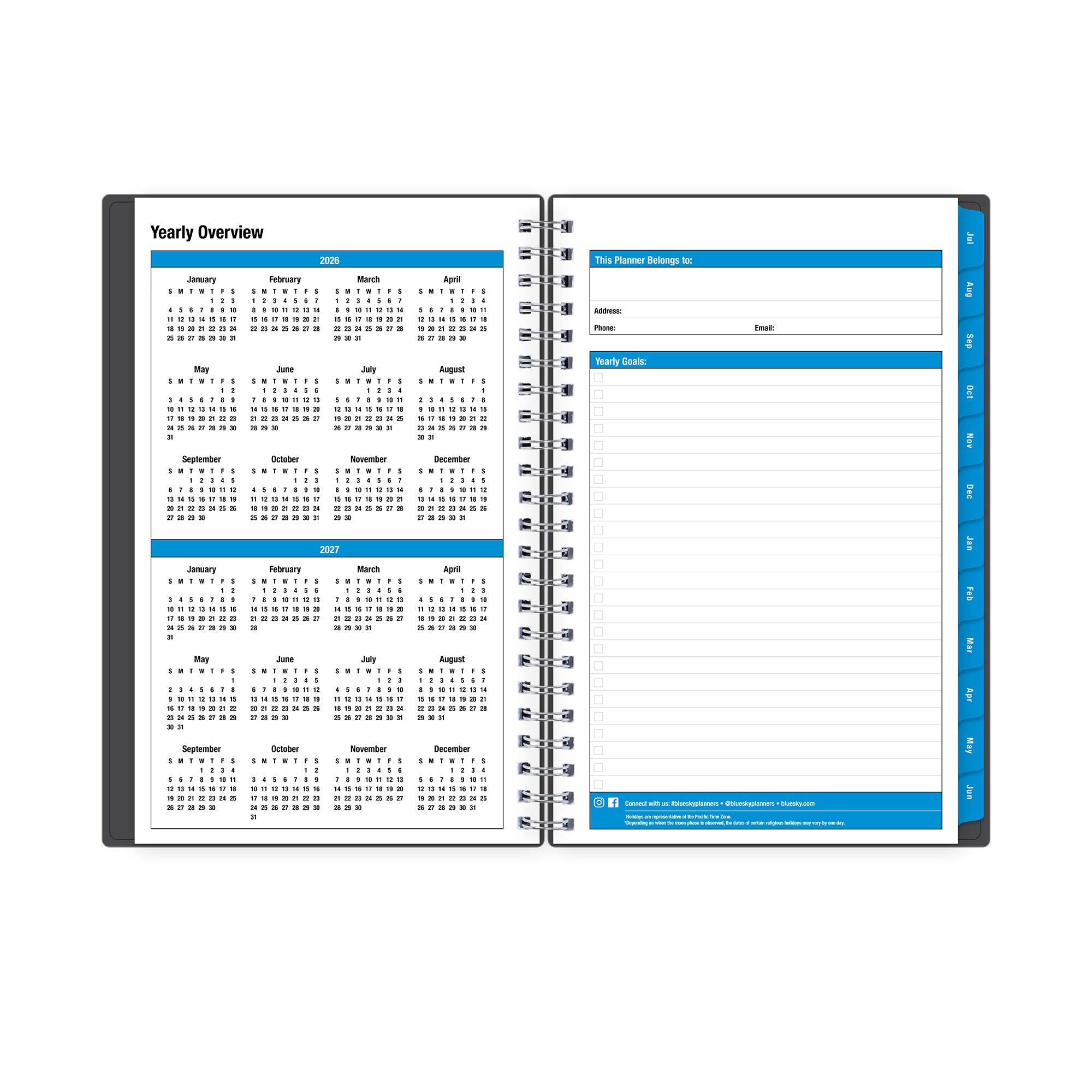 yearly overview and reference calendar with contact owner page.