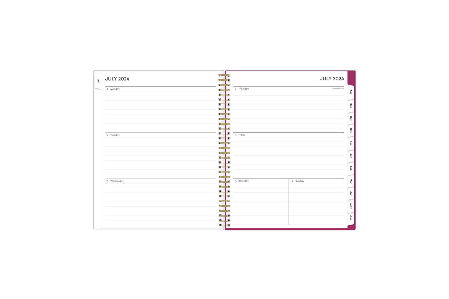 mahalo weekly monthly planner with pink monthly tabs featuring a weekly spread with lined writing space, notes section and reference calendars