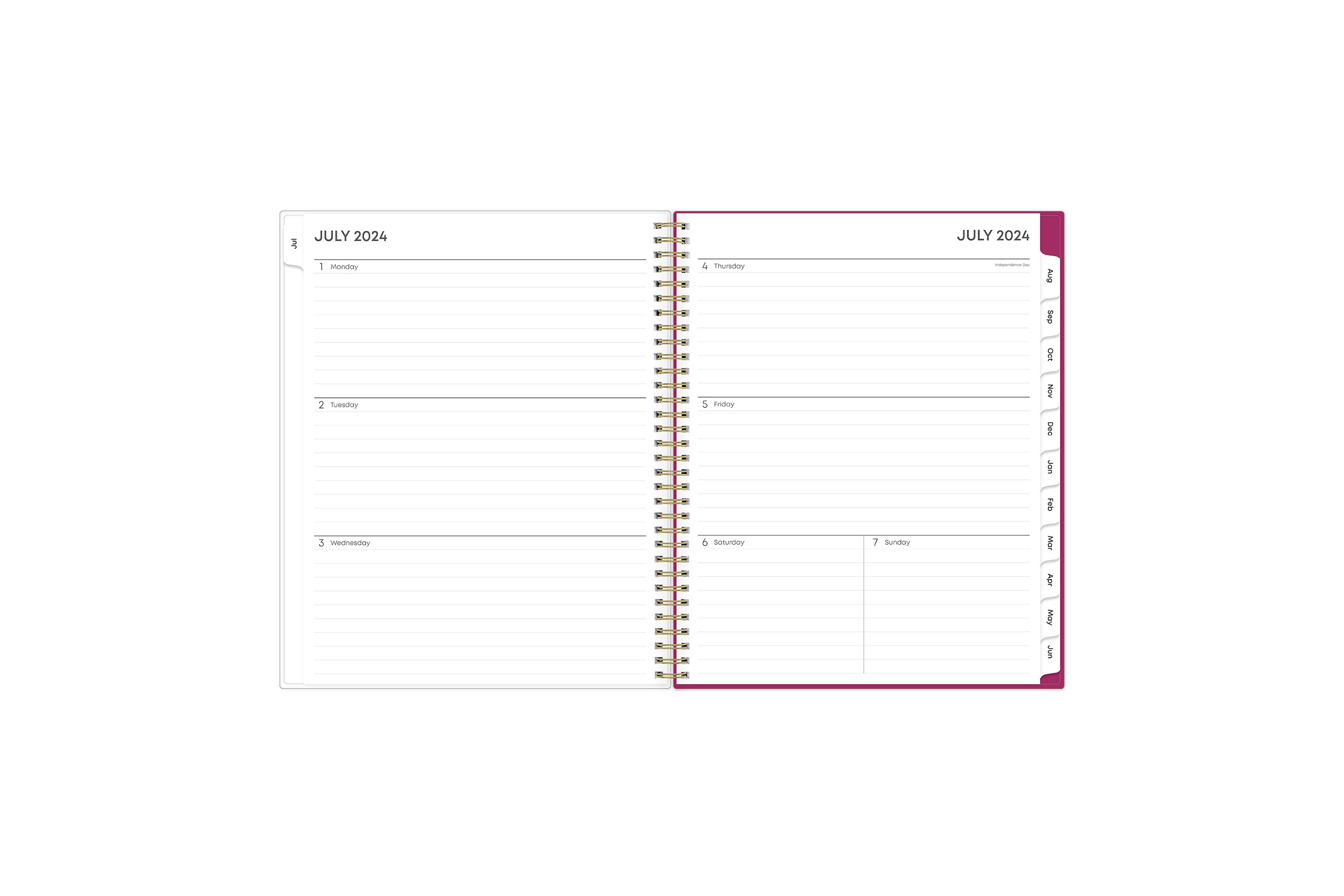 mahalo weekly monthly planner with pink monthly tabs featuring a weekly spread with lined writing space, notes section and reference calendars