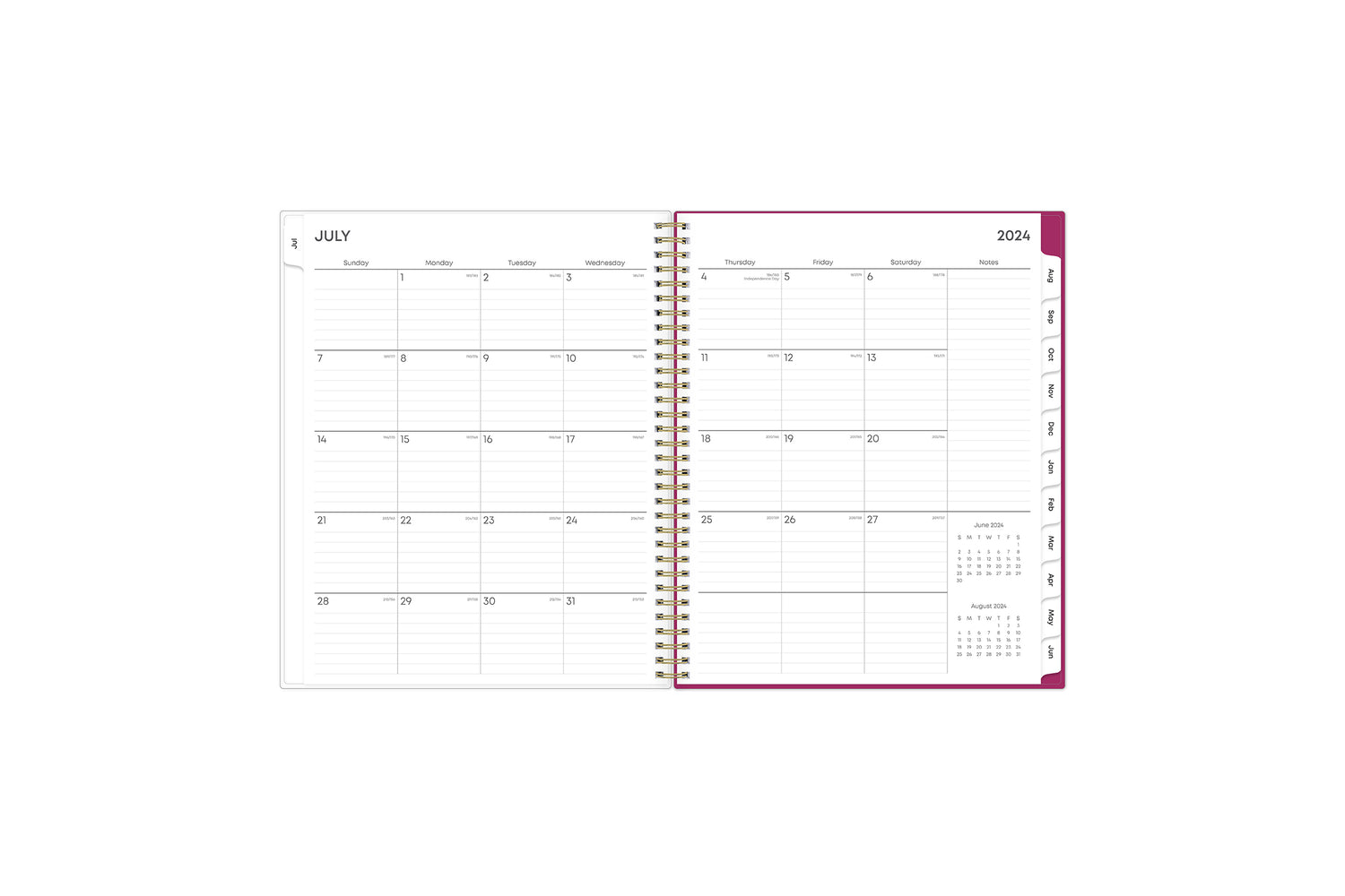 mahalo weekly monthly planner with pink monthly tabsfeaturing a monthly spread with lined writing space, notes section and reference calendars