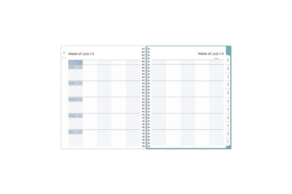 ample lined writing space and teacher lesson planner layout for each class or period, multi colored pattern for each day, and mint green monthly tabs for this weekly monthly lesson planner. july 2024 - june 2025