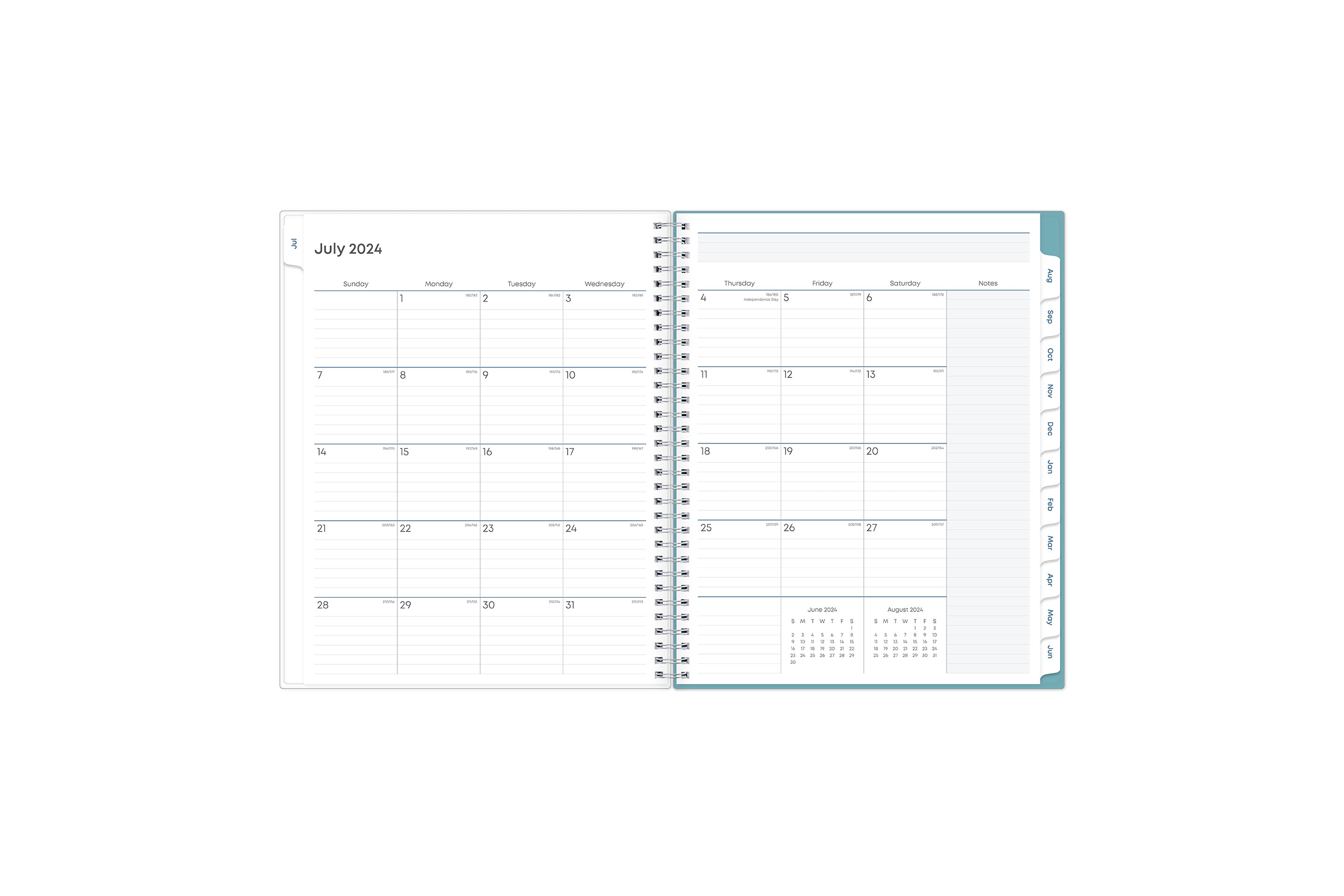 teacher lesson planner monthly view featuring ample lined writing space for projects, field trips, goals, deadlines, notes section, reference calendars and mint green monthly tabs in 8.5x11 size july 2024 - june 2025