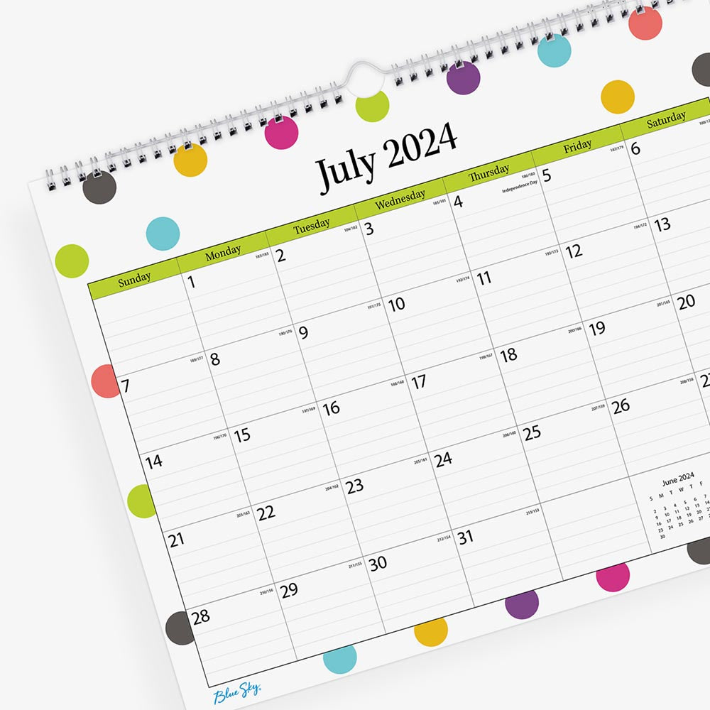 teacher dots calendar in 15x12 planner size with lined writing space and reference calendars July 2024- june 2025