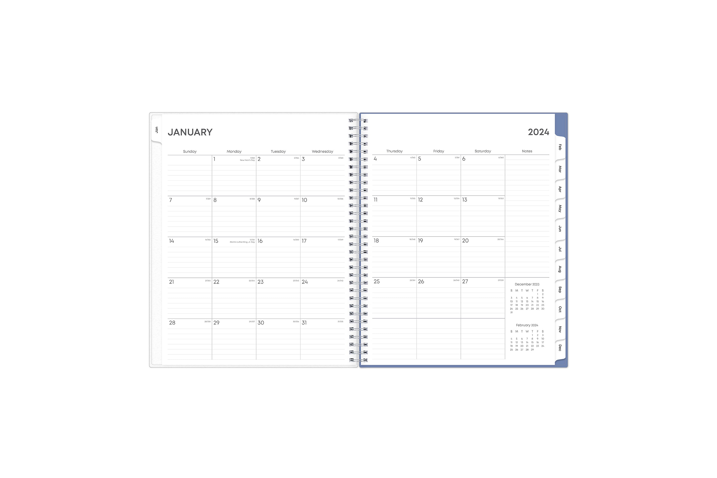 January 2024 - December 2024 weekly monthly planner featuring a monthly spread boxes for each day, lined writing space, notes section, reference calendars, and mint blue monthly tabs with white text in 8.5x11 size