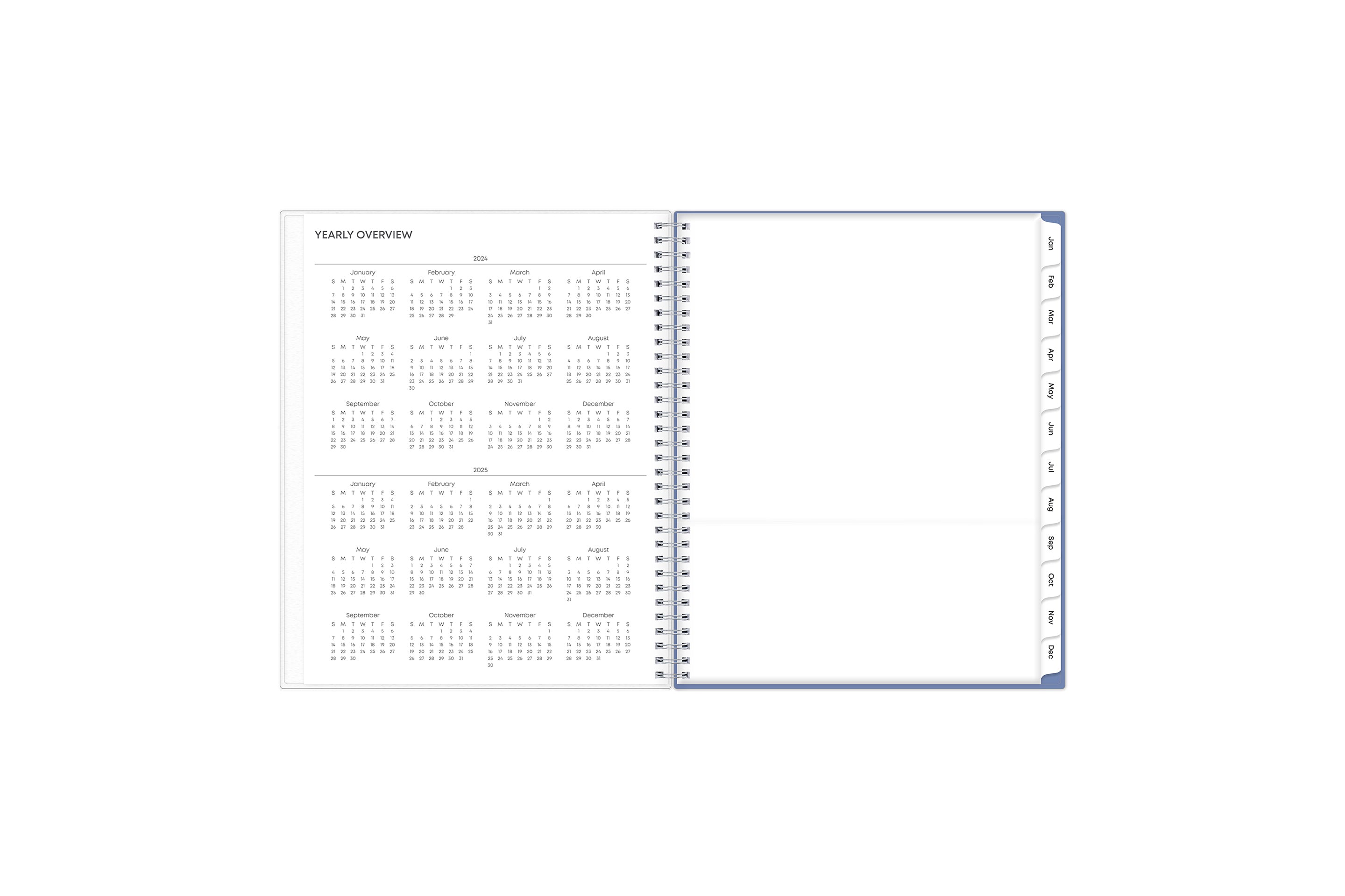 8.5x11 2024 weekly monthly planner features a yearly overview of 2024 and 2025 with contact page for owner of planner and bulleted yearly goals and accomplishments with light blue monthly tabs and white text
