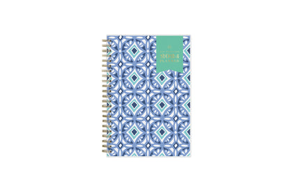 January 2024 - December 2024 weekly monthly planner featuring a geometric tile front cover design and silver gold wire-o binding 5x8 size