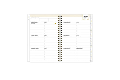 January 2024 - December 2024 weekly monthly planner featuring a monthly spread boxes for each day, lined writing space, notes section, reference calendars, and light blue monthly tabs in 5x8 size