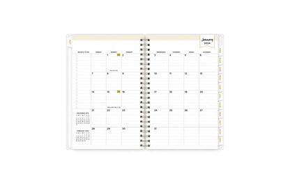 January 2024 - December 2024 weekly monthly planner featuring a monthly spread boxes for each day, lined writing space, notes section, reference calendars, and white monthly tabs in 5x8 size
