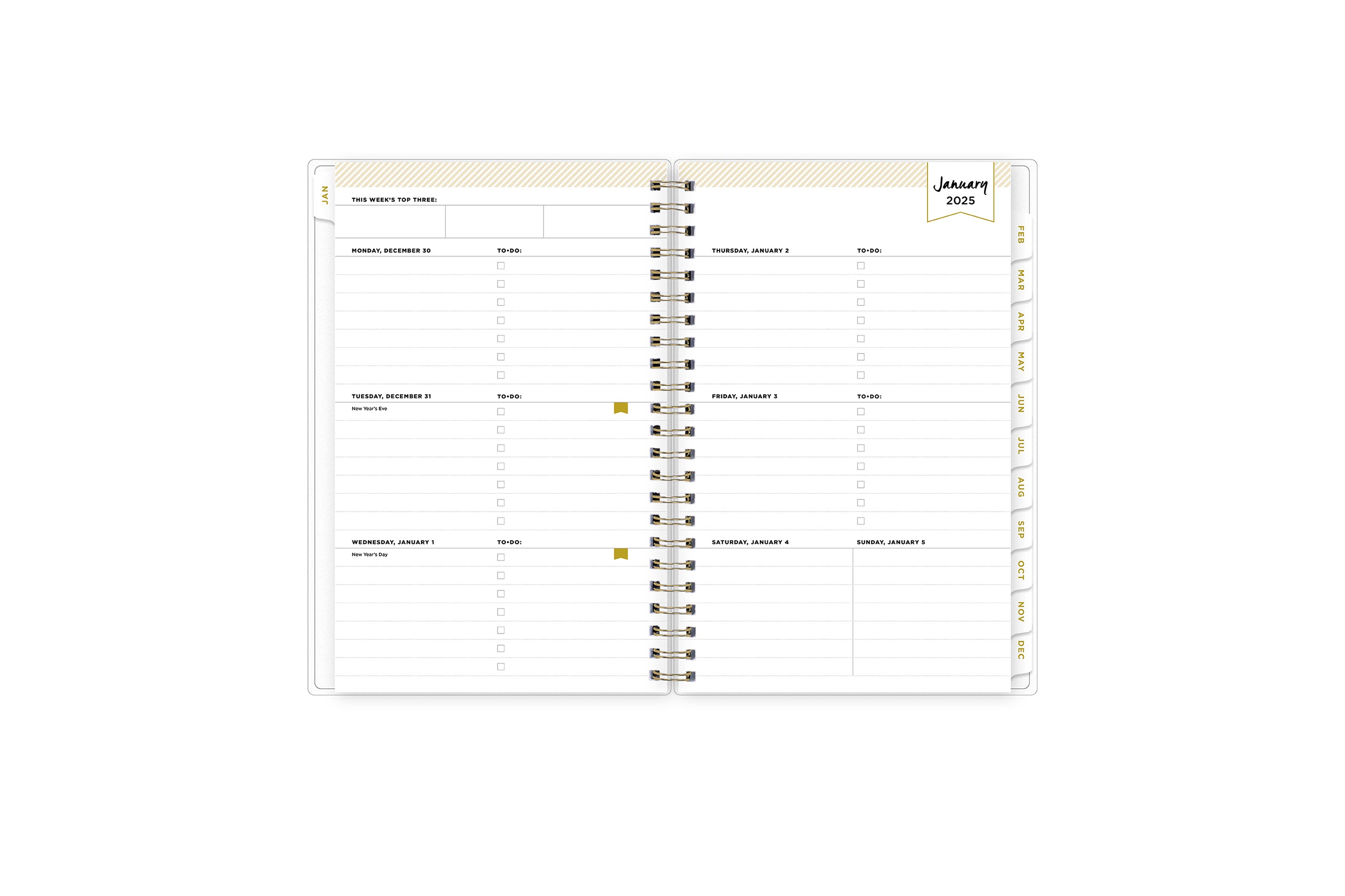 January 2025 - December 2025 weekly monthly planner featuring a monthly spread boxes for each day, lined writing space, notes section, reference calendars, and light blue monthly tabs in 5x8 size