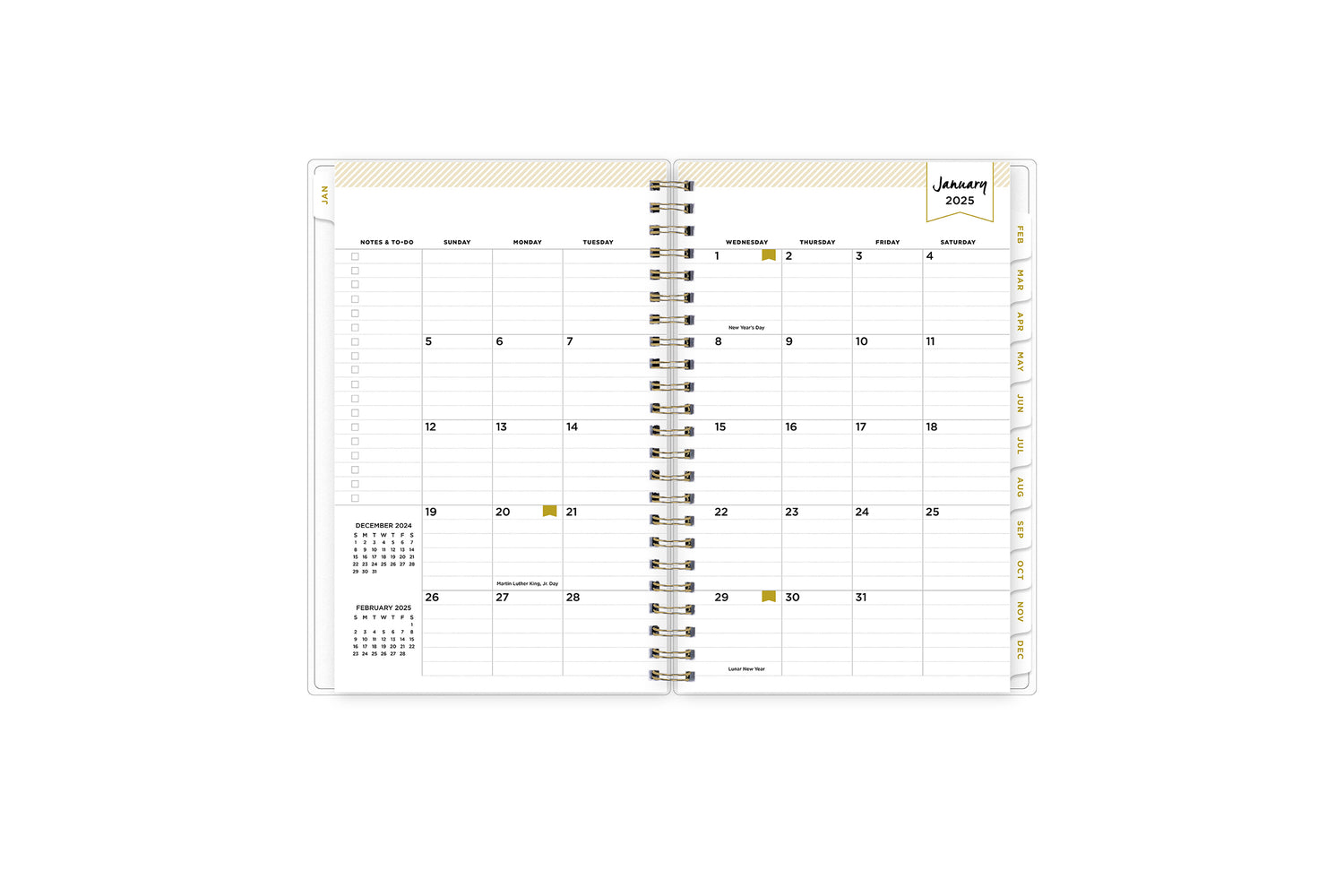 January 2025 - December 2025 weekly monthly planner featuring a monthly spread boxes for each day, lined writing space, notes section, reference calendars, and white monthly tabs in 5x8 size