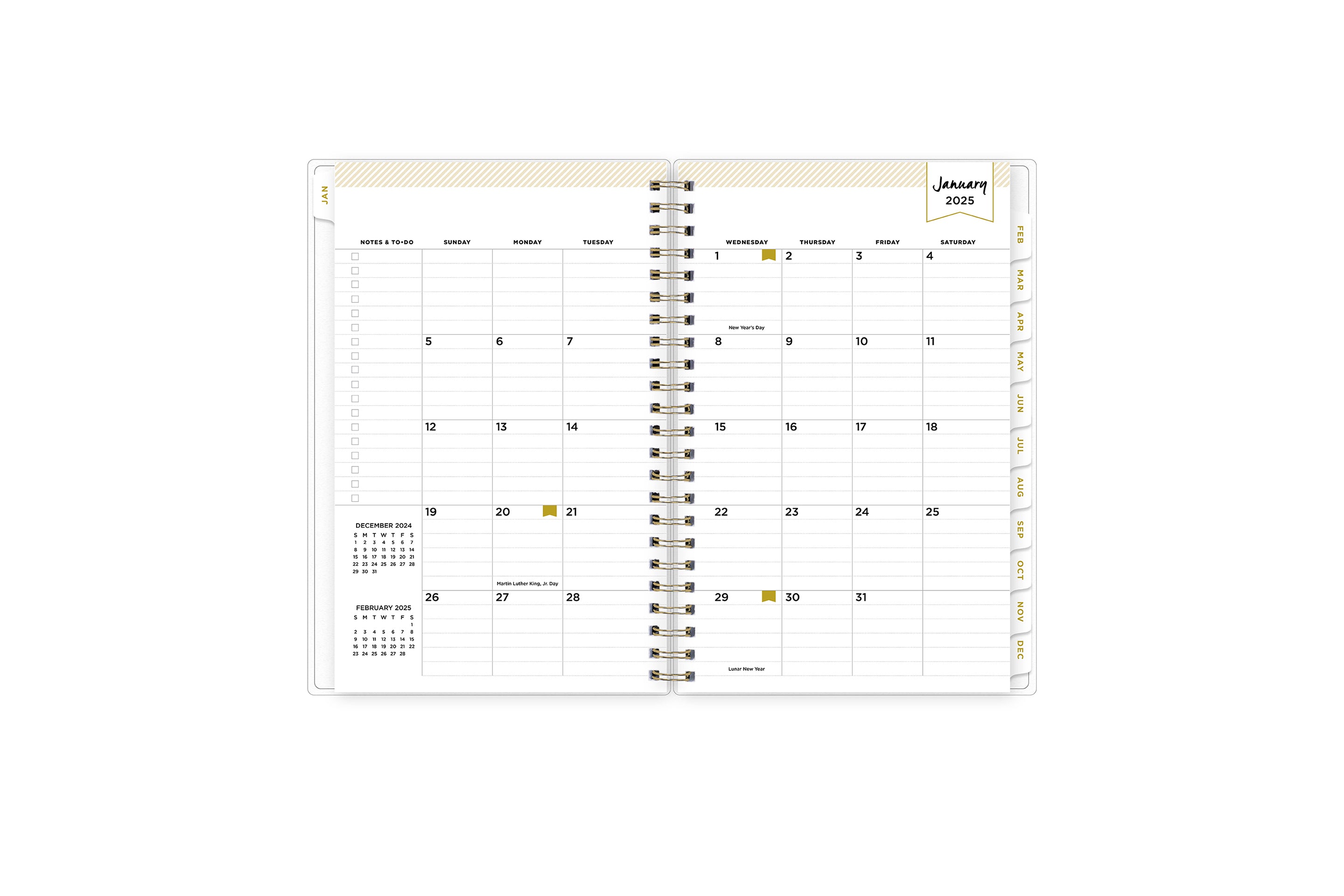 January 2025 - December 2025 weekly monthly planner featuring a monthly spread boxes for each day, lined writing space, notes section, reference calendars, and white monthly tabs in 5x8 size