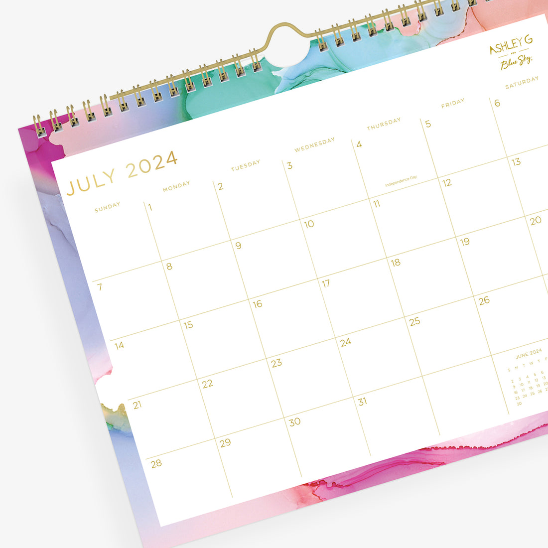marble background on this 11x8.75 wall calendar with gold font and white blank writing space for July 2024- June 2025
